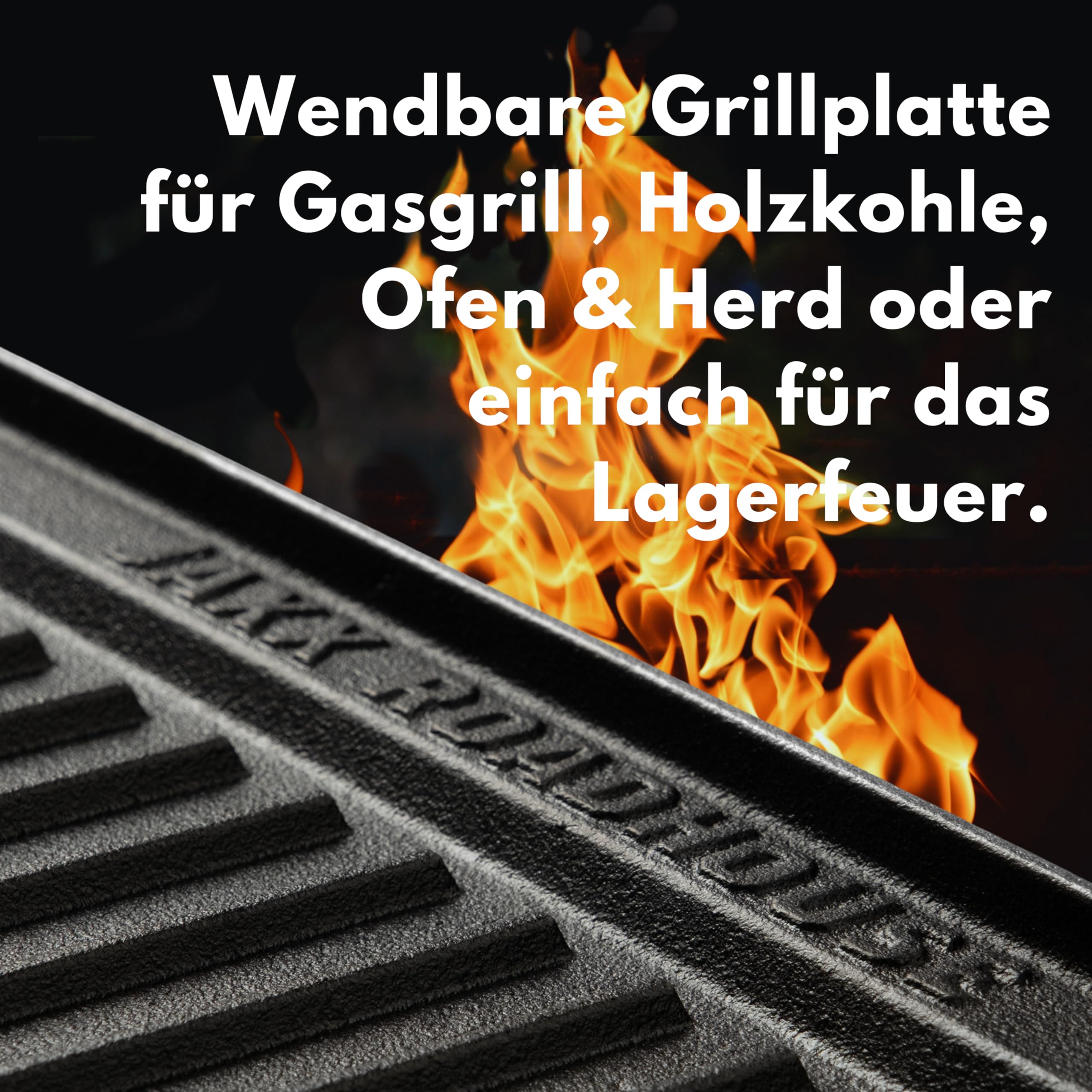 JAXX ROADHOUSE Gusseisen Grillplatte | Gussplatte zum Aufsetzen auf Holzkohlegrill/Gasgrill sowie Ofen und Herd | Plancha, Teppanyaki, Burger, Gemüse | 50,5x26x2,5cm