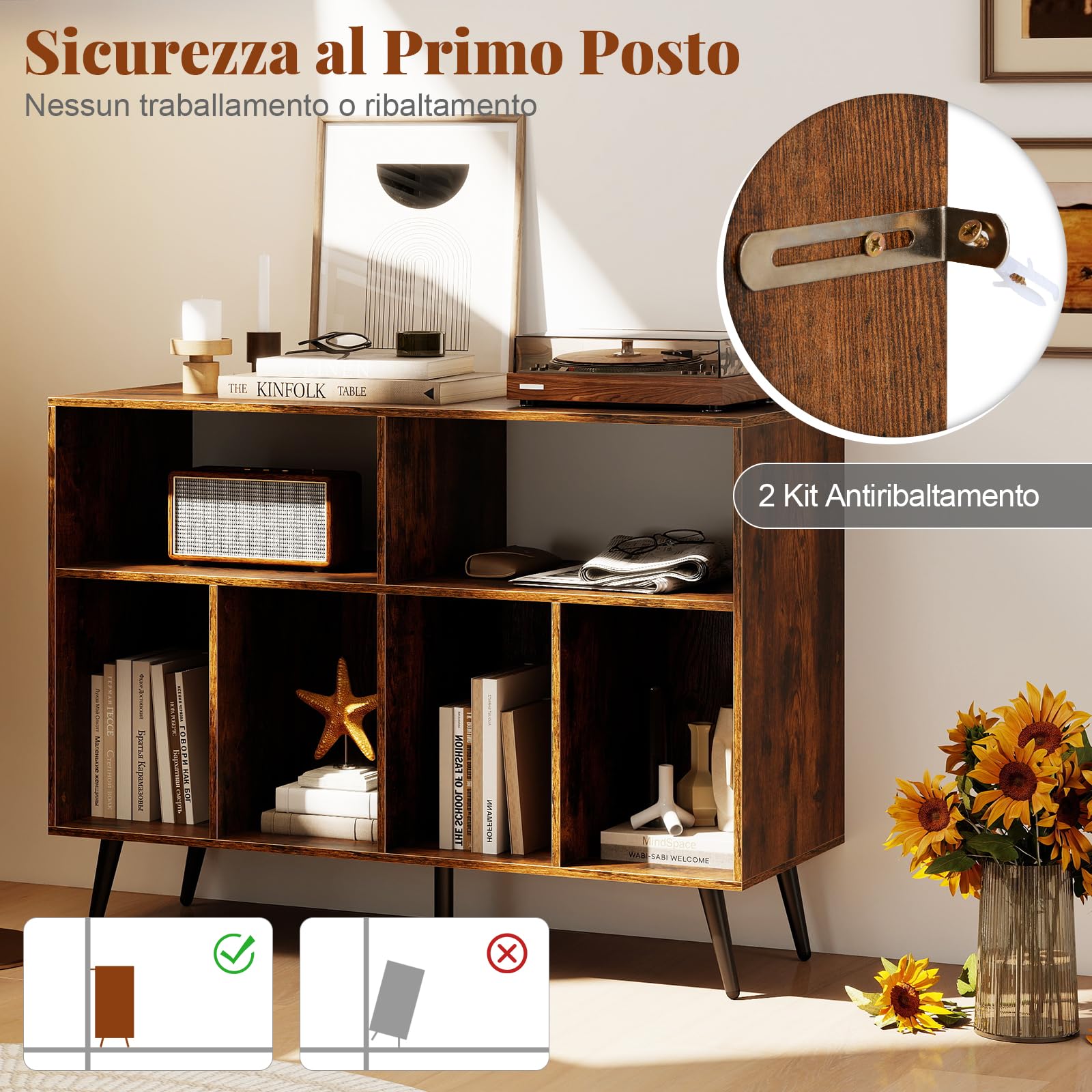 COSTWAY Supporto per Giradischi, Mobiletto per Giradischi a 3 Livelli con Scaffali per Vinili, Tavolino per Dischi con 5 Gambe, Scaffale Espositivo per Soggiorno, Sala Musica (Marrone)