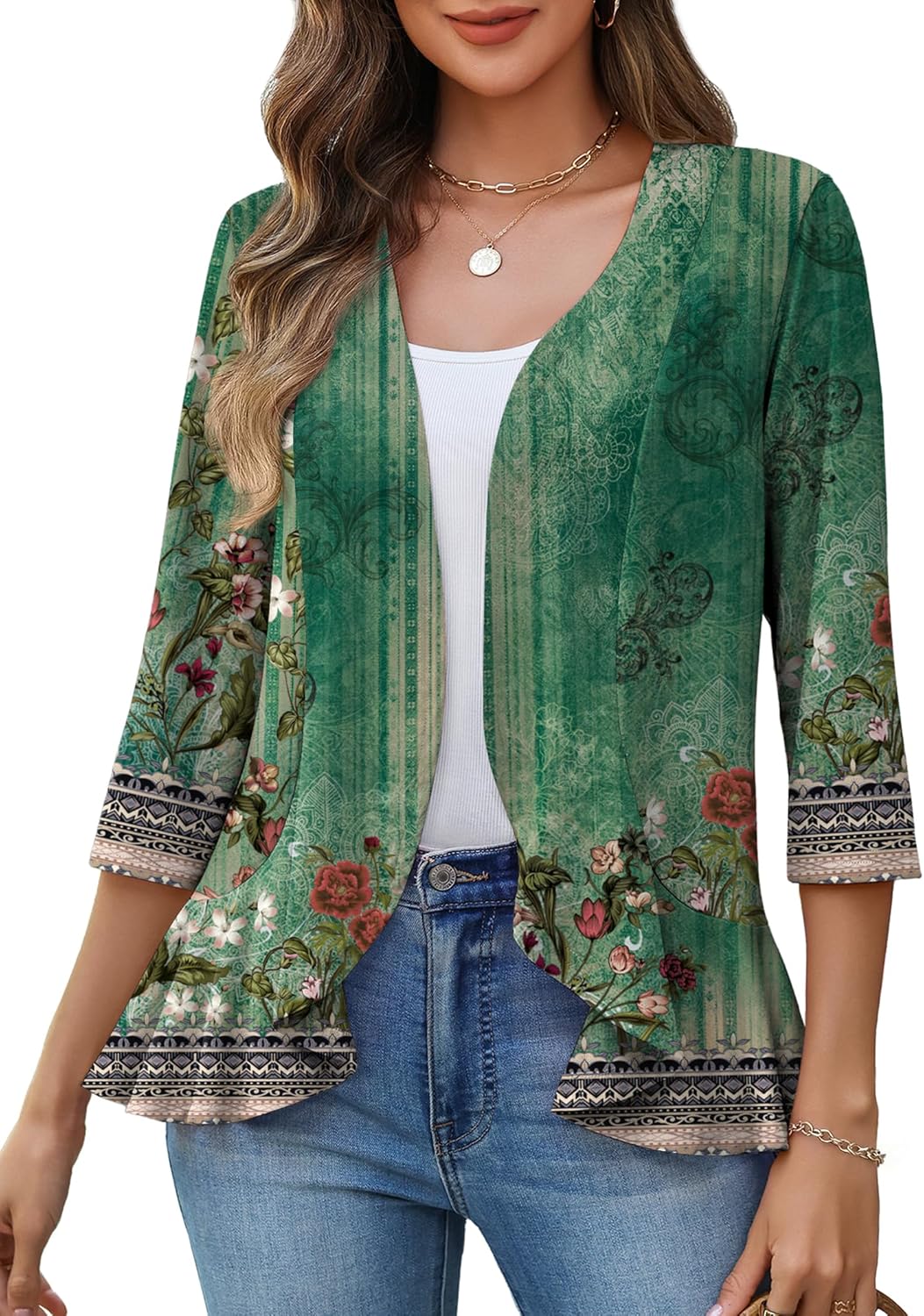 Zeagoo Women's 2026 Summer 3/4 Sleeve Lightweight Cardigans Sweaters Open Front Draped Ruffles Kimono Coverups