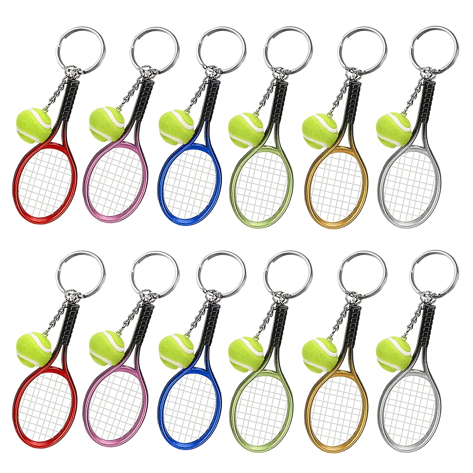 MengH-SHOP Sports Keychain Tennis Ball Keyring Mini Lightweight Tennis Racket Keyring Creative Tennis Ball Split Keychain Gift for Tennis Lovers 6 Colors 12 Pieces