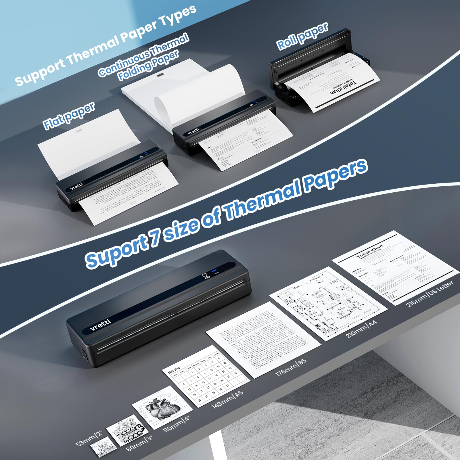 vretti Stampante portatile A4, stampante termica PB821 Stampante Inkless, stampante termica portatile Compatibile con Smartphone e PC,Supporta carta termica A4 (210 x 297 mm)
