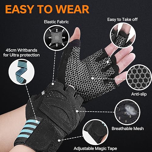 Miniatura 4 de Guantes de entrenamiento para hombres y mujeres, guantes de gimnasio con ventilación para levantamiento de pesas con soporte para muñeca, para