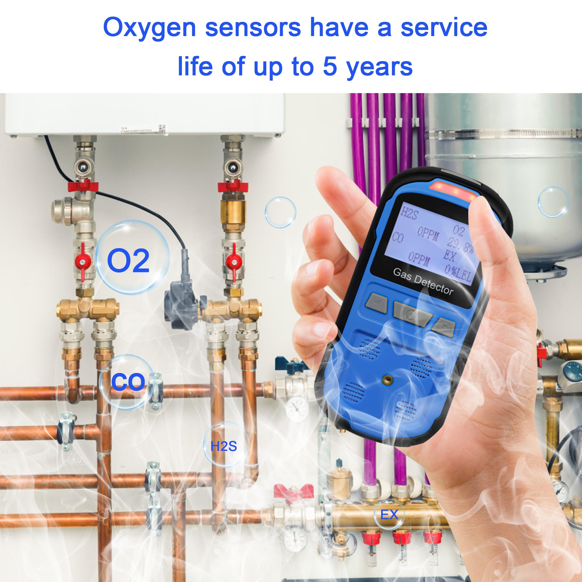 Detector de fugas de gas para H2S CO O2 y LEL, detector de gas múltiple portátil con alarmas audibles, visuales y de vibración, monitor de gas 4 en 1, pantalla LCD digital (azul)