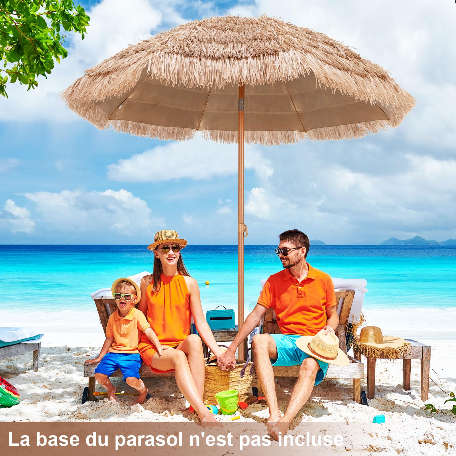 RELAX4LIFE Parasol Plage Tropicale Φ220 CM, Parasol Exotique Paille Hawaïen 8 Baleines Inclinable pour Balcon Patio Balcon