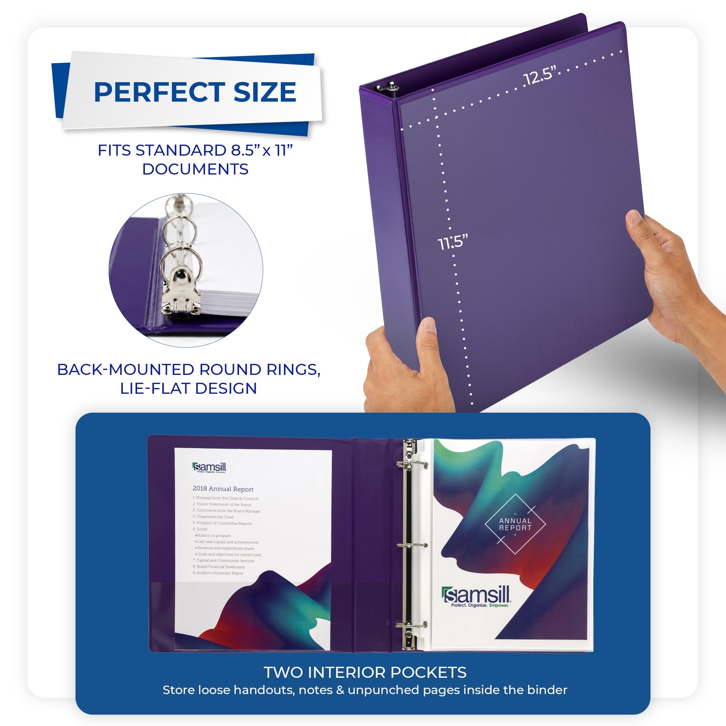 Samsill Raccoglitori a 3 anelli da 3,8 cm, realizzati negli Stati Uniti, con anello rotondo economico, copertina trasparente, capacità 325 fogli, per scuola, casa, ufficio, viola, confezione da 12