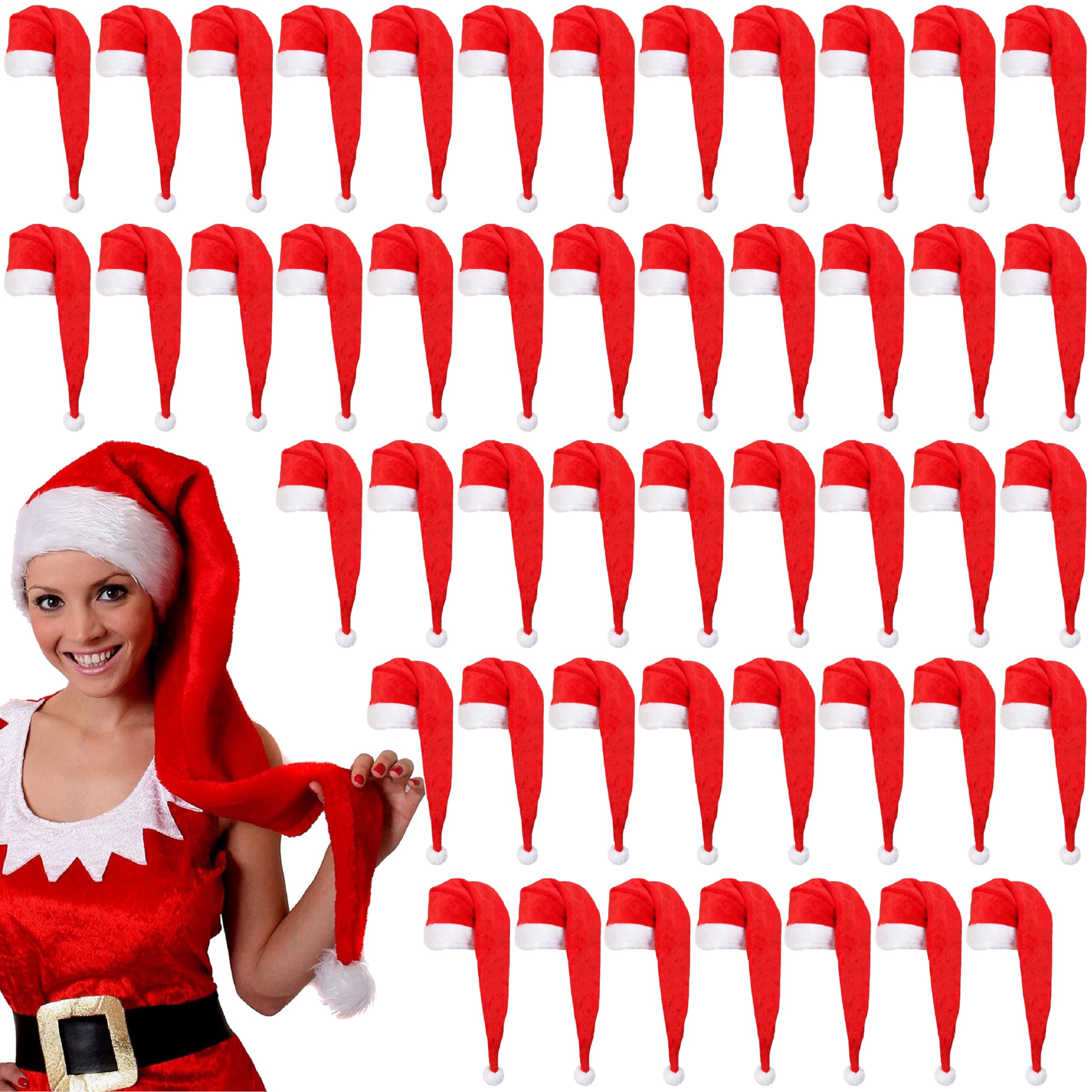Cappello di Babbo Natale, cappello di Babbo Natale, cappello di Babbo Natale, cappello di Natale, da donna, rosso, con finiture bianche e pompon bianco (confezione da 48)