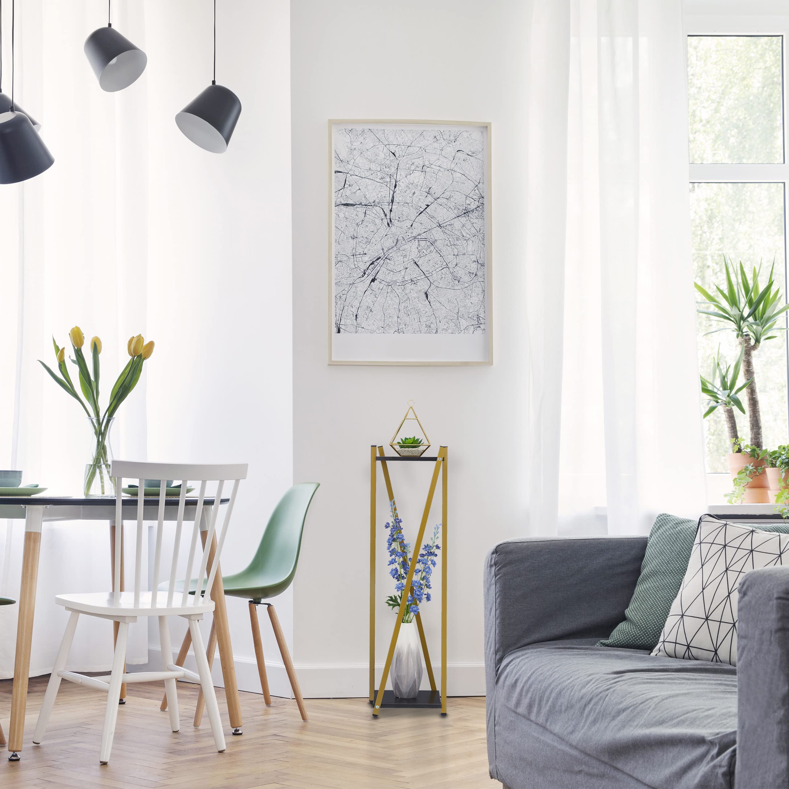 Relaxdays Étagère à Plantes, 2 Surfaces Effet marbre, Tabouret Moderne Fleur, HxLxP : 99x29x29 cm, Colonne, doré-Noir