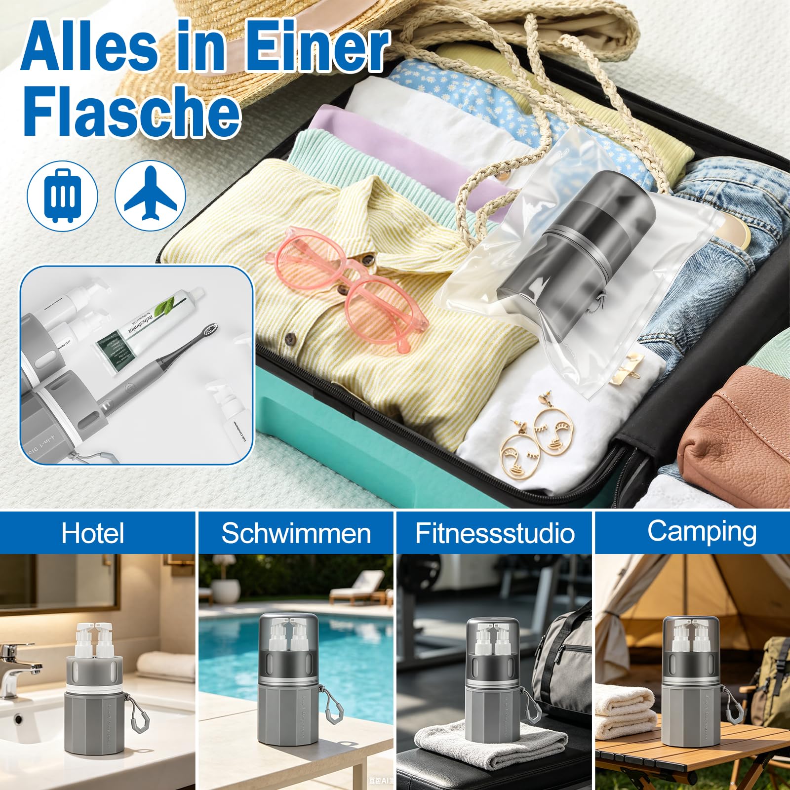SelfTek Flacon Distributeur de Voyage 4 en 1 - Kit Voyage Produit Toilette Rechargeables, Conteneurs de Voyage Portables pour Articles de Toilette, Portable pour Les Vols (Gris)