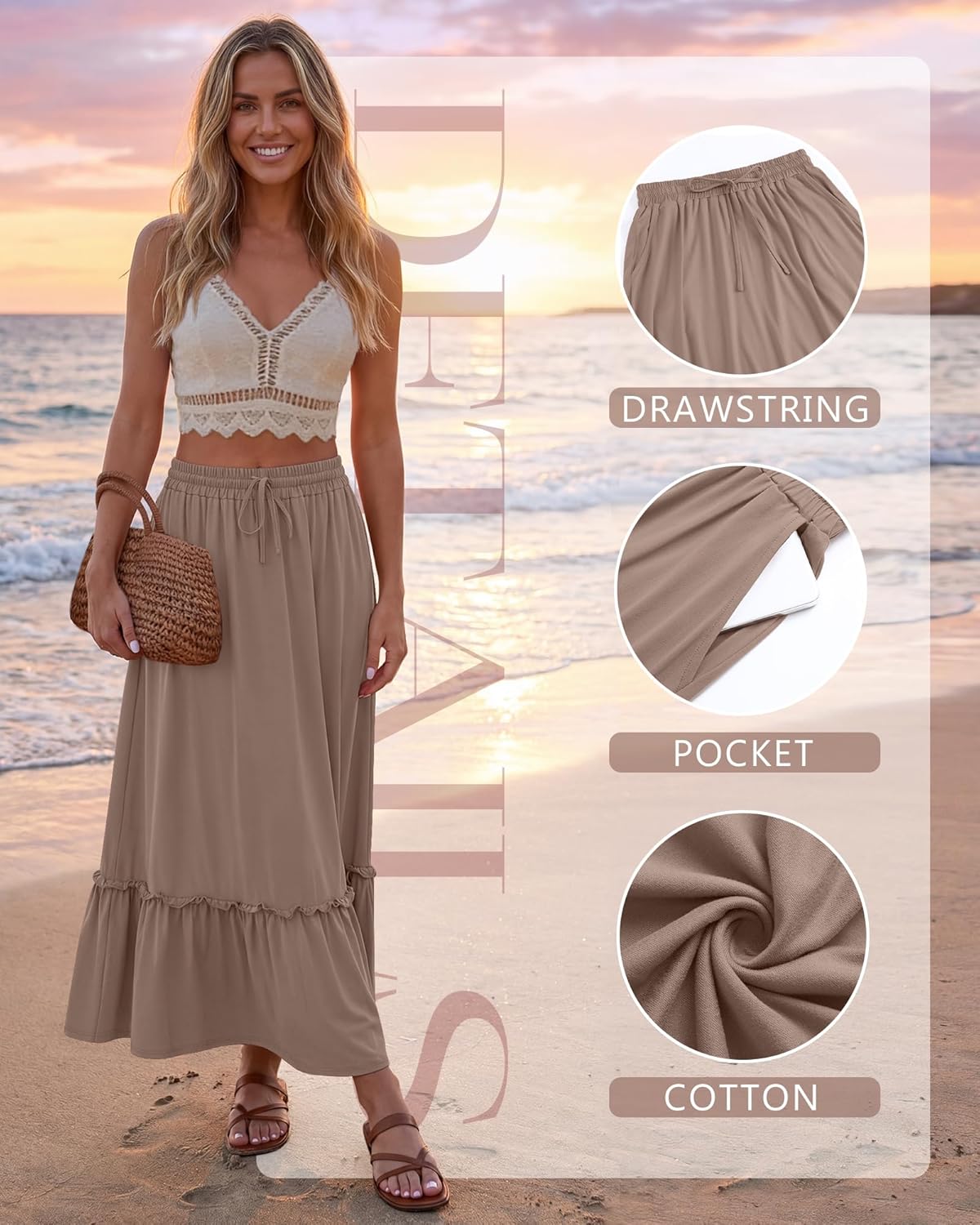 Ficerd 3 Pack Women's Boho Maxi Skirts, Long Tiered Skirt Flowy Ruffle High Waist Drawsting Casual Dress with Pockets - Image 5