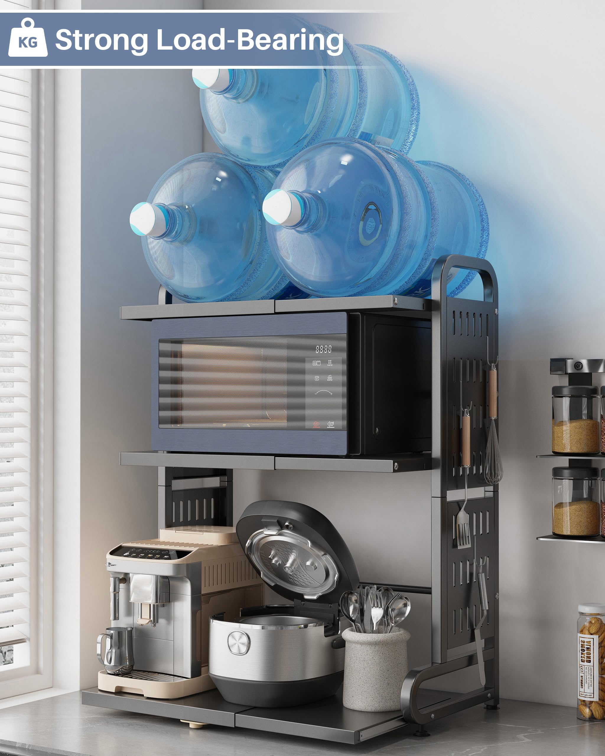 Ausziehbares Mikrowellenregal mit Schublade, 3-stöckiges Mikrowellenregal mit 6 Metallhaken, Airfryer-Gestell, Backgestell, Küchen-Arbeitsplatten-Aufbewahrungsgestell Schwarz