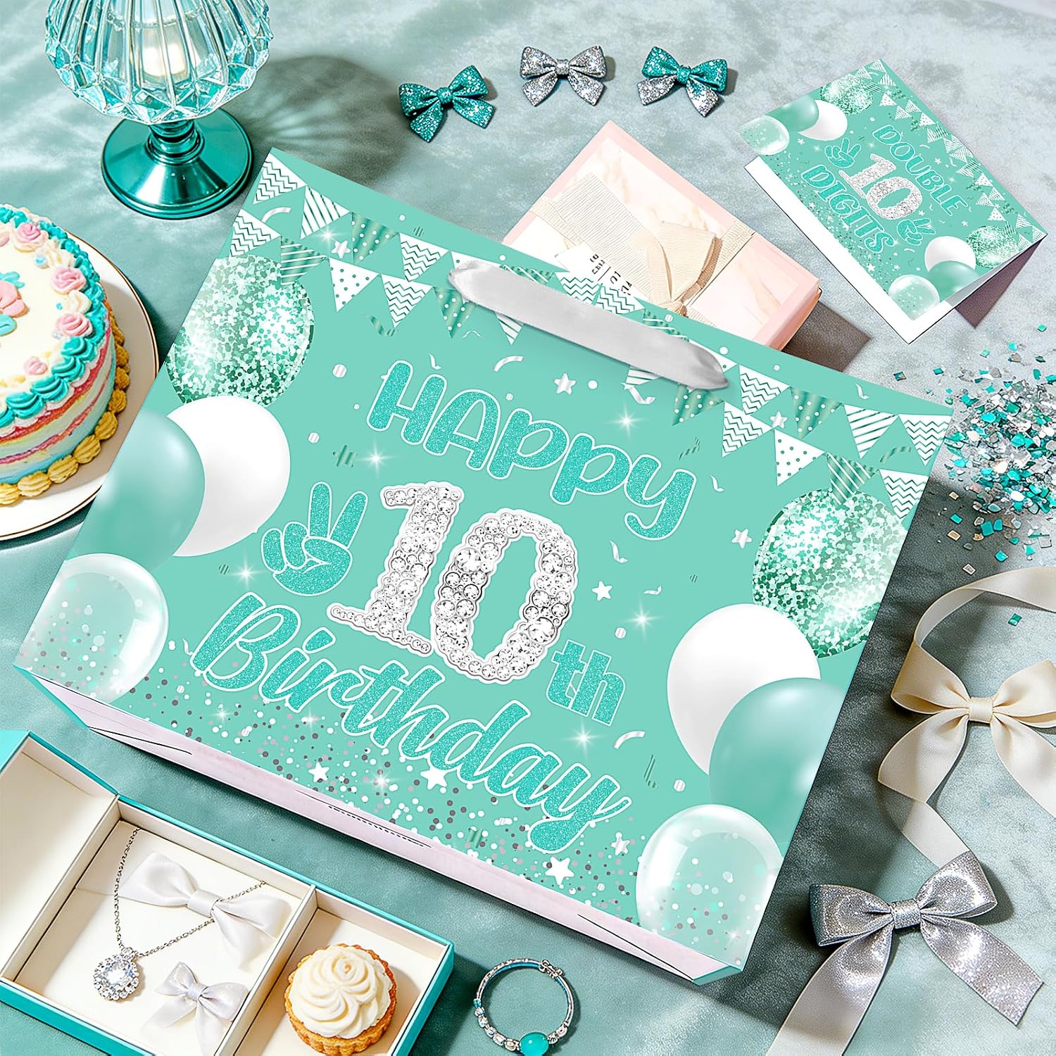 Happy 10th Birthday Gift Bag for Girls, Teal Blue Double Digits Birthday Party Decorations Large 10 Year Old Gift bag with Greeting Card and Wrapping Paper for Girls 10th Bday Party Supplies