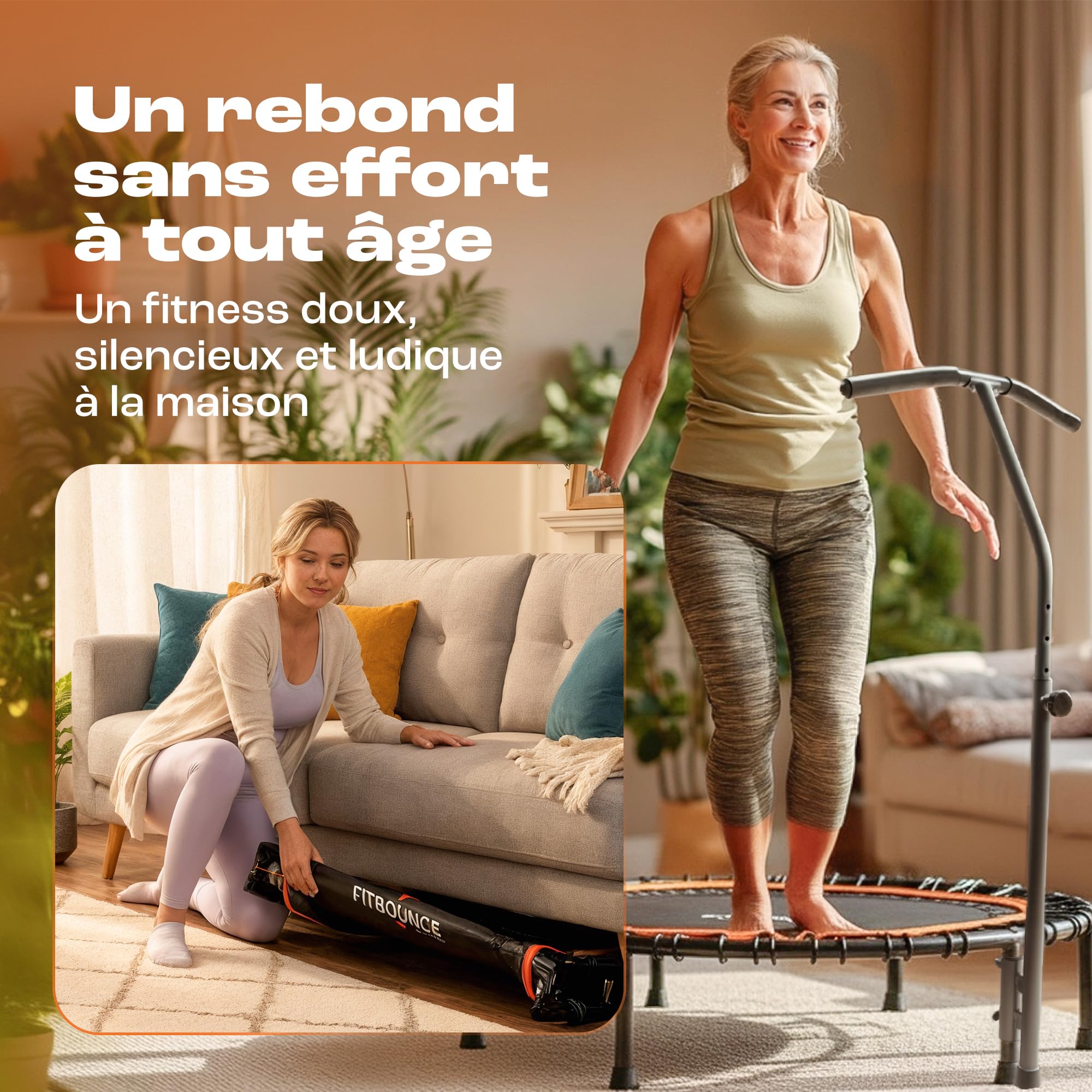 MXL FIT Bounce PRO Bungee Rebounder avec poignée en T – Mini trampoline d'intérieur de qualité supérieure pour adultes et enfants, rebond silencieux à faible impact, semi-pliable avec pieds en acier