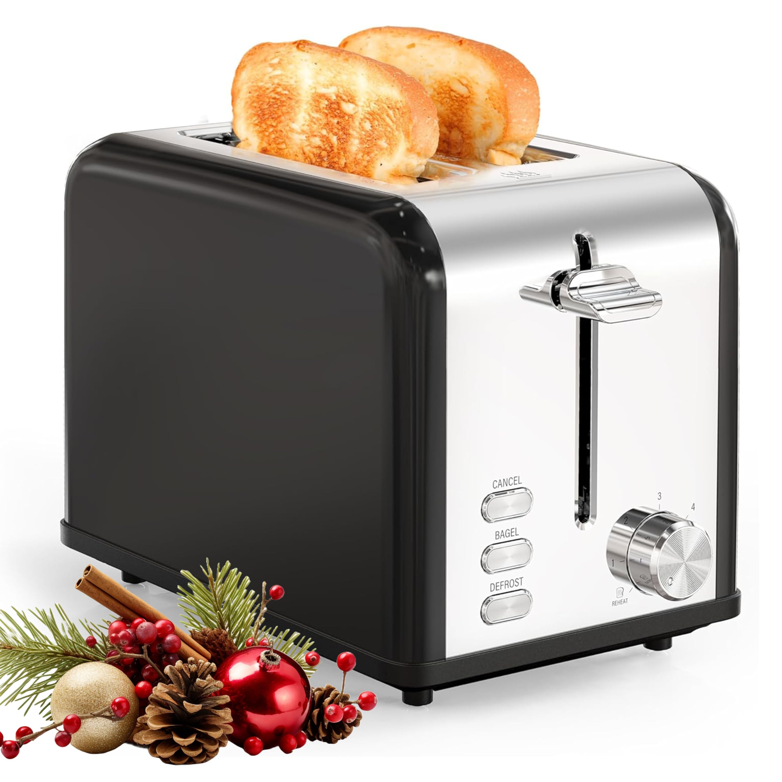 YSSOA 2-Slice Stainless Steel Toaster, 6 Browning Setting and 3 Function Toaster, Extra Wide Slot & Removable Crumb Tray, for Bread & Waffle, Black