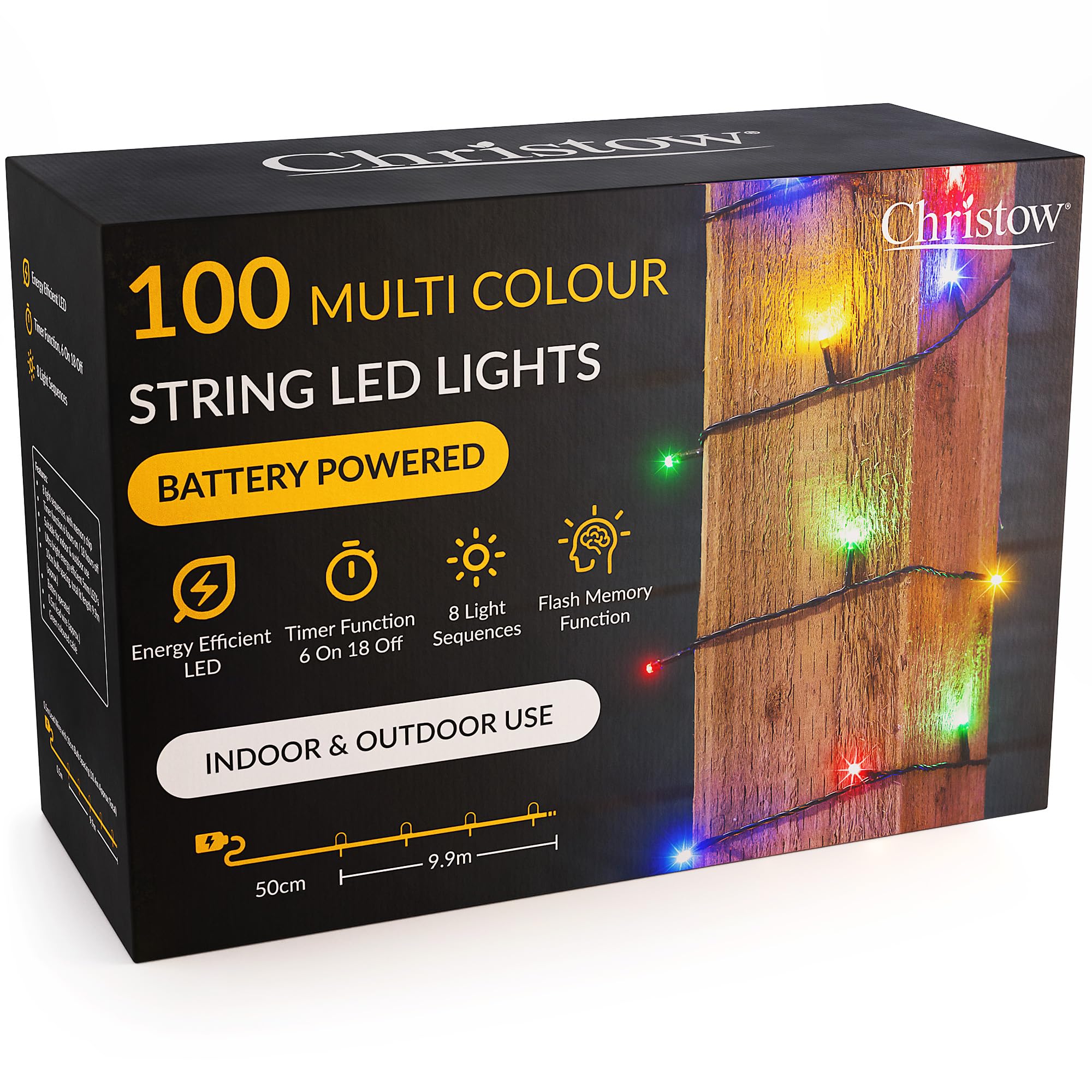 Christow Multi Coloured Christmas Fairy Lights Battery Operated, Multi-Coloured Led String Lighting With Timer, Indoor & Outdoor, 8 Light Modes Flashing & Static, Green Cable (100 Led / 10M Lit Length)