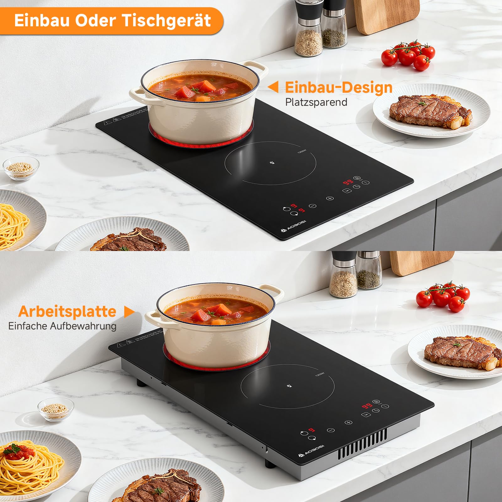 Aobosi Glaskeramikkochfeld 2 Platten, Domino Kochfeld mit Touch-Steuerung, Kindersicherung, 3000W