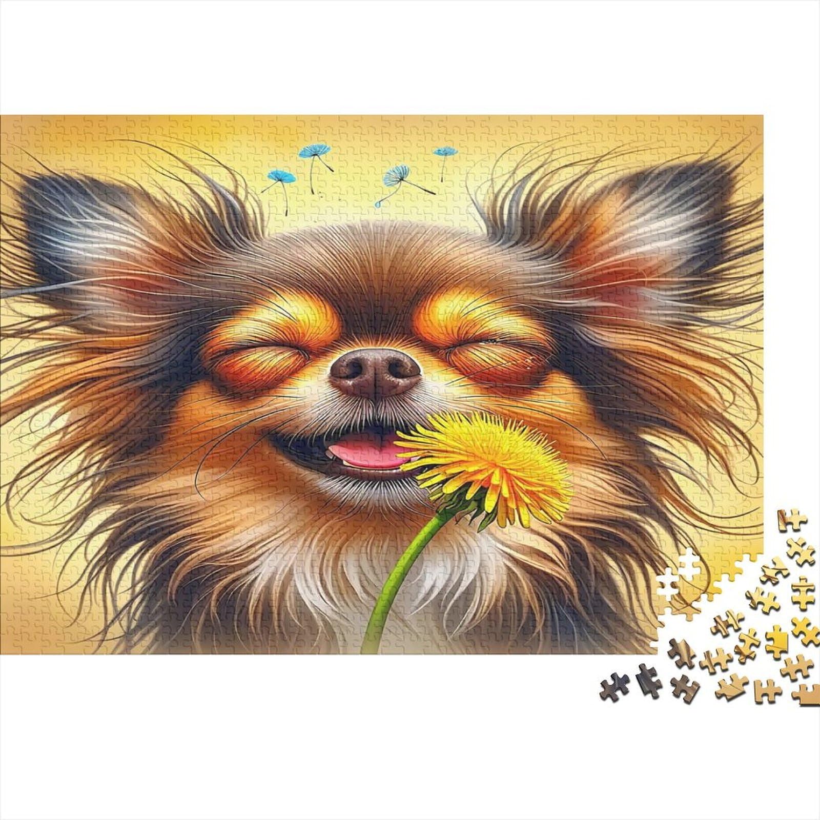 Chihuahua 1000-piece Jigsaw Premium Puzzle Eco-Friendly Chihuahua with Dandelion Colourful Decompression Team Building for Adults Age 14+ 70x50cm/1000pcs — image 1