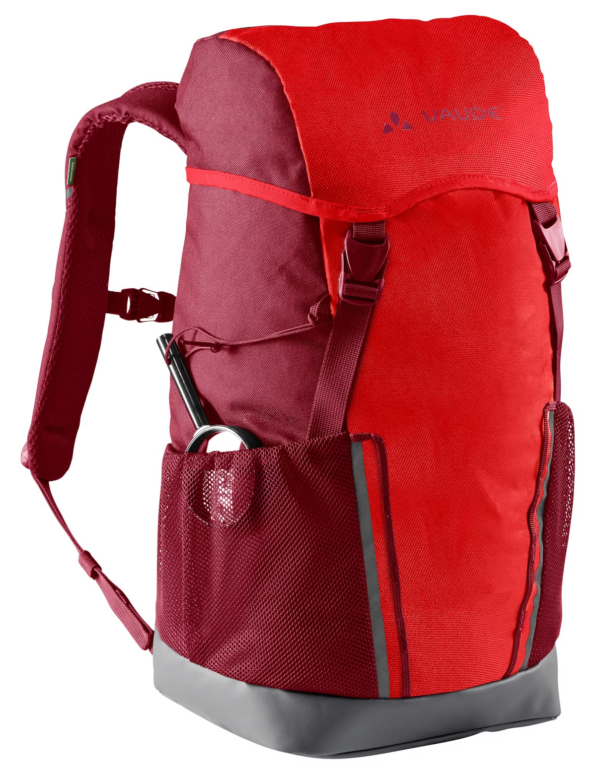 VAUDE Kinderrucksack Jungen & Mädchen Puck rot, komfortabler Wanderrucksack Kinder 14L, Wetterfester Schulrucksack mit Regenhülle & Lupe, viel Stauraum