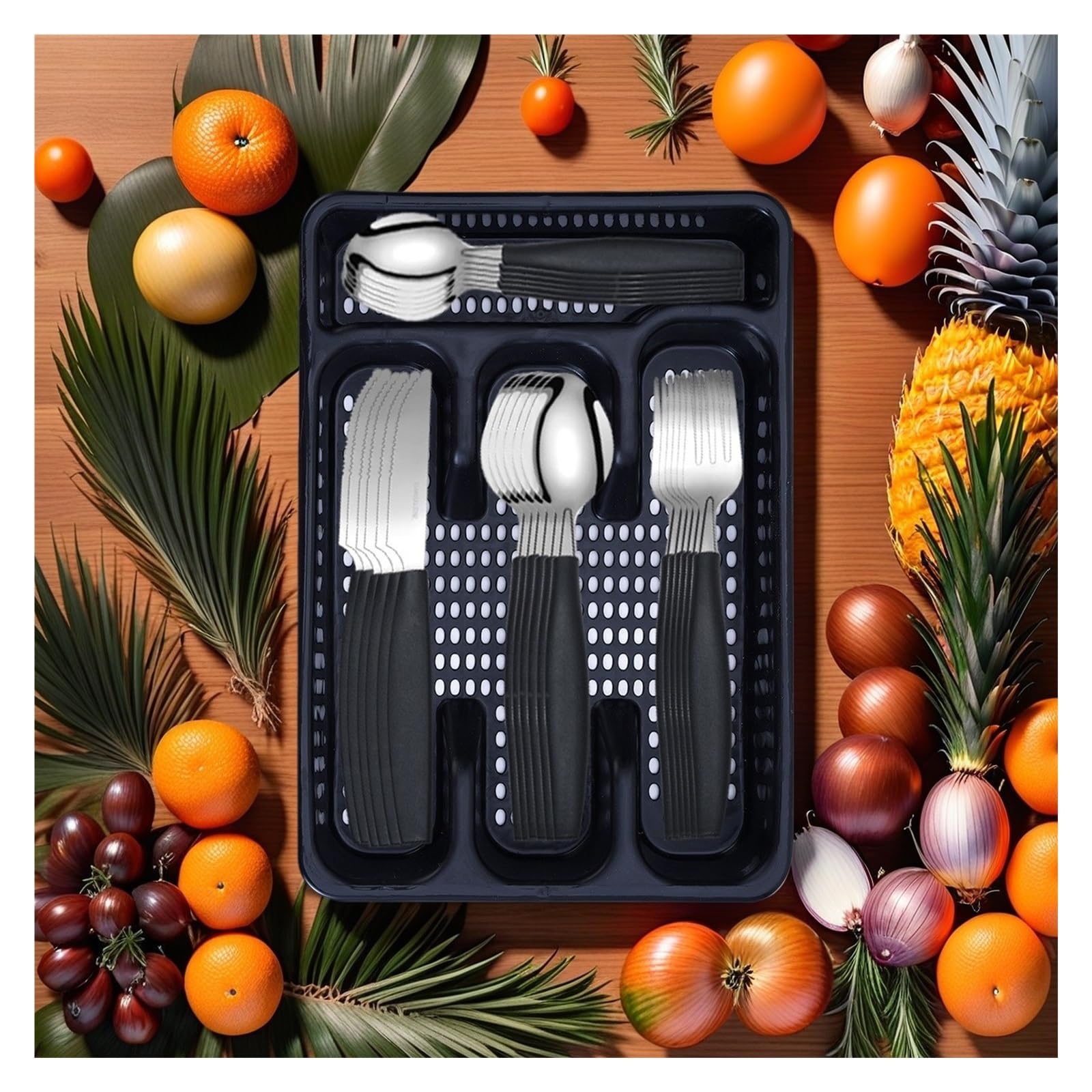 25 unids/set cubiertos de acero inoxidable, cuchillo, tenedor y cuchara, utensilios cocina for el hogar, Vajilla cena navideña(Black)