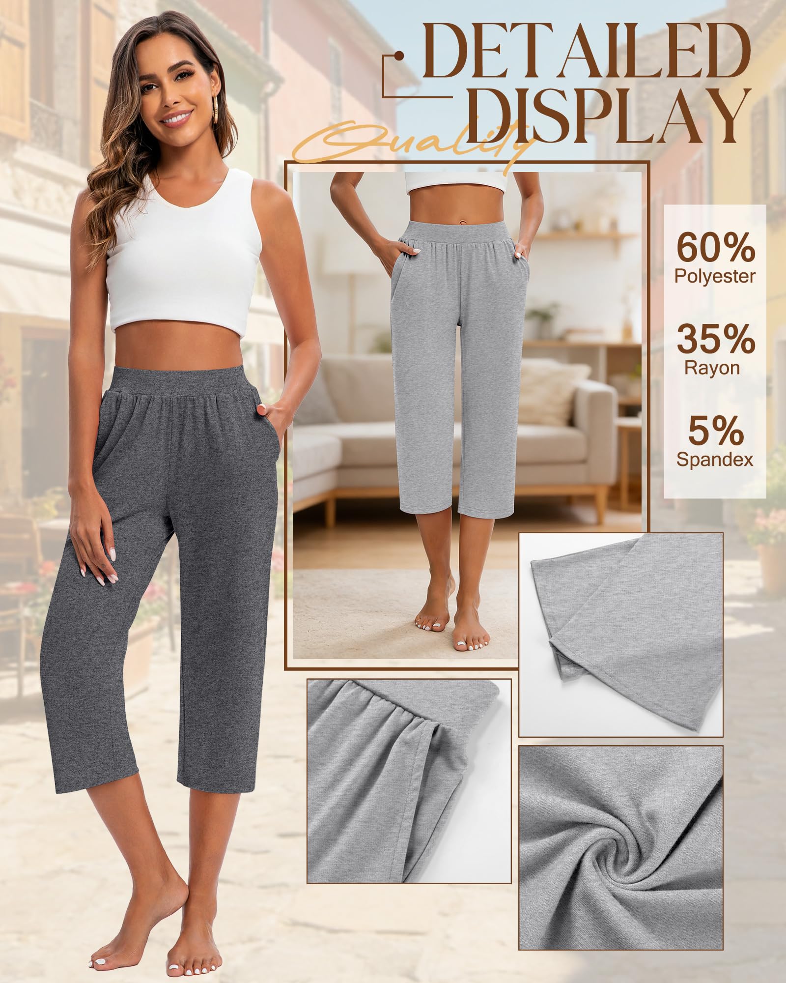 Geyoga 3er-Pack Damen Capri-Jogginghosen, Weites Bein, Kurze Caprihose mit Taschen, Bequeme Loungewear, Jogginghose