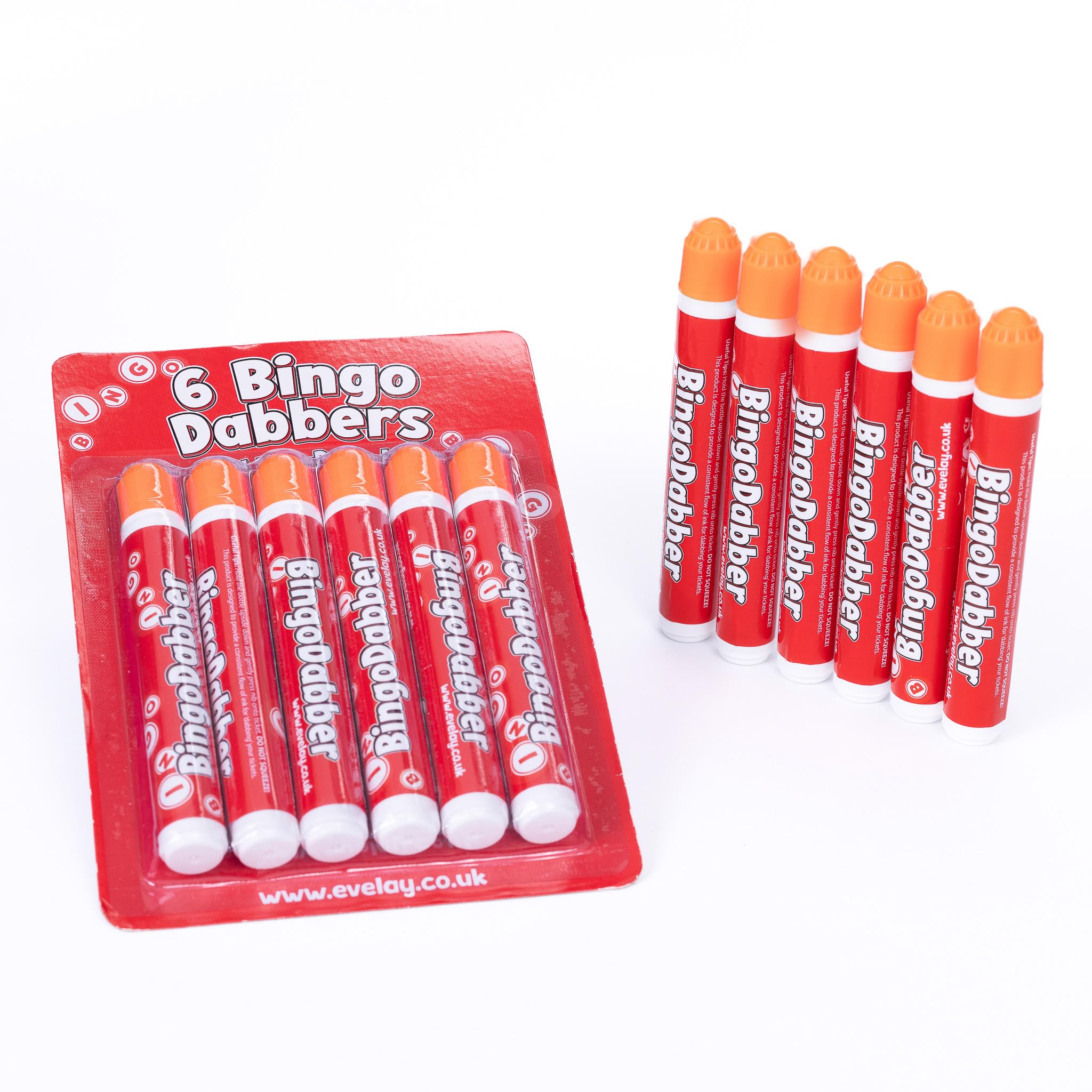 evelay 6 Bingo Dabbers – 20 ml Slimline Marker | sortiert oder einfarbig | tropffreie Tinte für reibungsloses Markieren | Orange | langlebige Bingo-Stifte für Zuhause oder Club