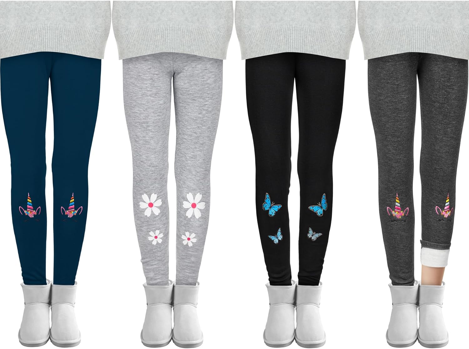 Cooraby 4 Pack Girls Winter Fleece Lined Leggings Girls Thick Warm Leggings Stretchy Thermal Tights Kid Winter Printed Pants