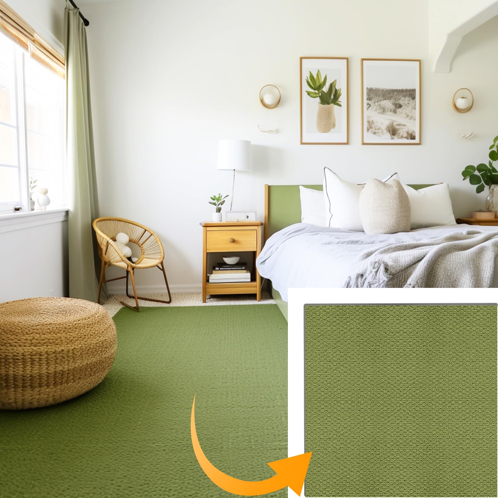 Matace Removable Square Carpet Tile, 20x20 in-16 Tiles, Berber Style, Machine Washable, Non-Adhesive Padded Non-Slip Backing, DIY Install for Living Room, Kids Room, Basement and More (Olive Green)