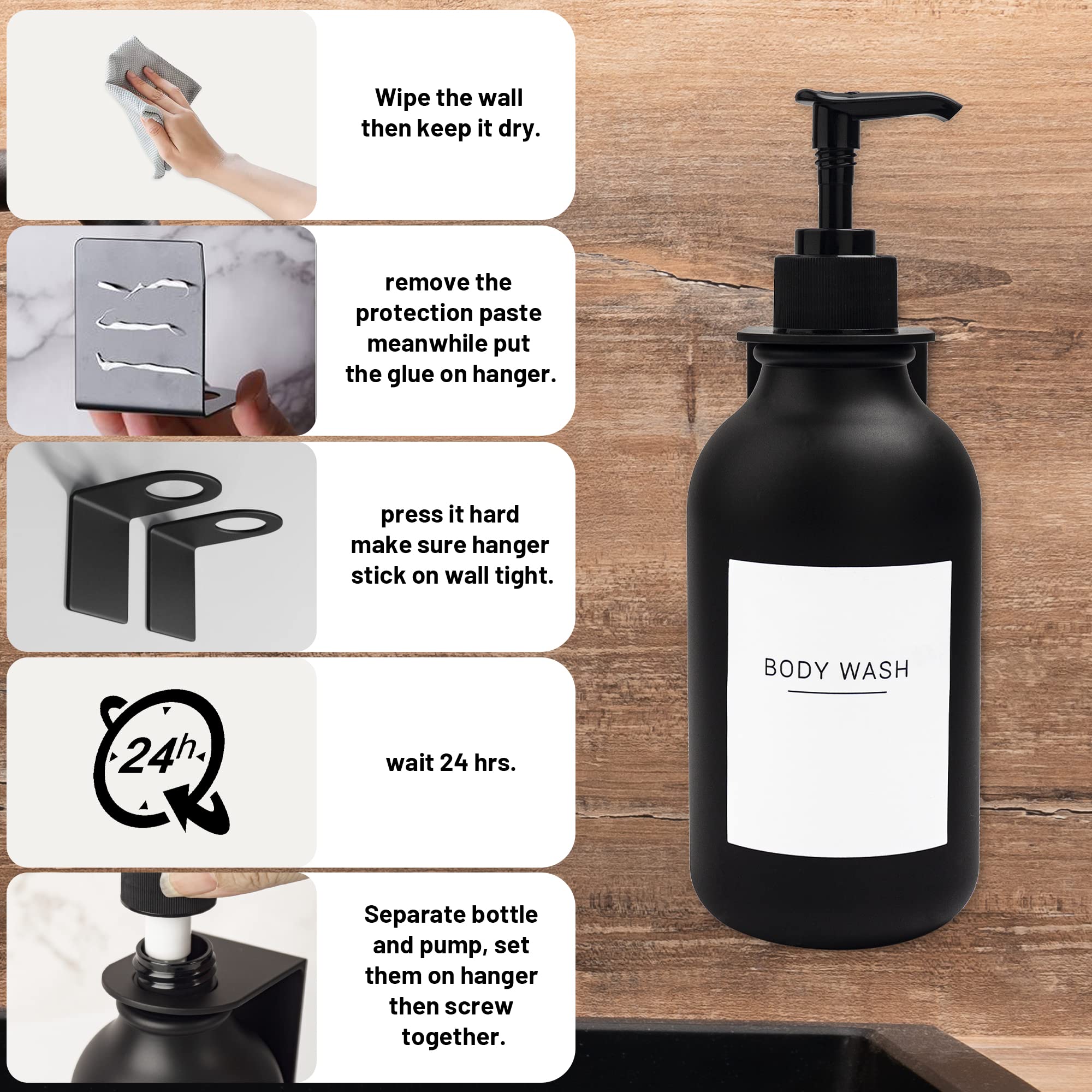 Ezebesta Pack of 3 Black 500ml Soap Lotion Pump Dispensers with 22 Labels and 3 Wall-Mounted Rack Bathroom Organization - Image 3