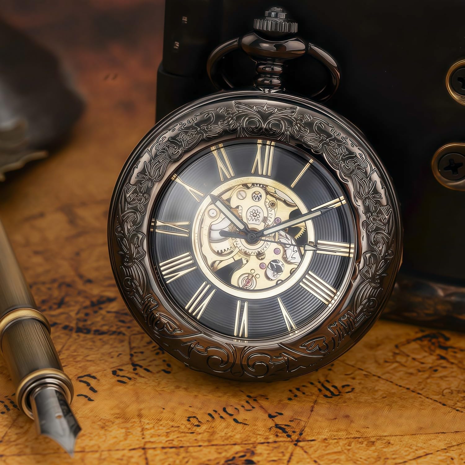 Mechanical Pocket Watch, for Men Women Special Magnifier Half Hunter Engraved Case Roman Numerals with Chain