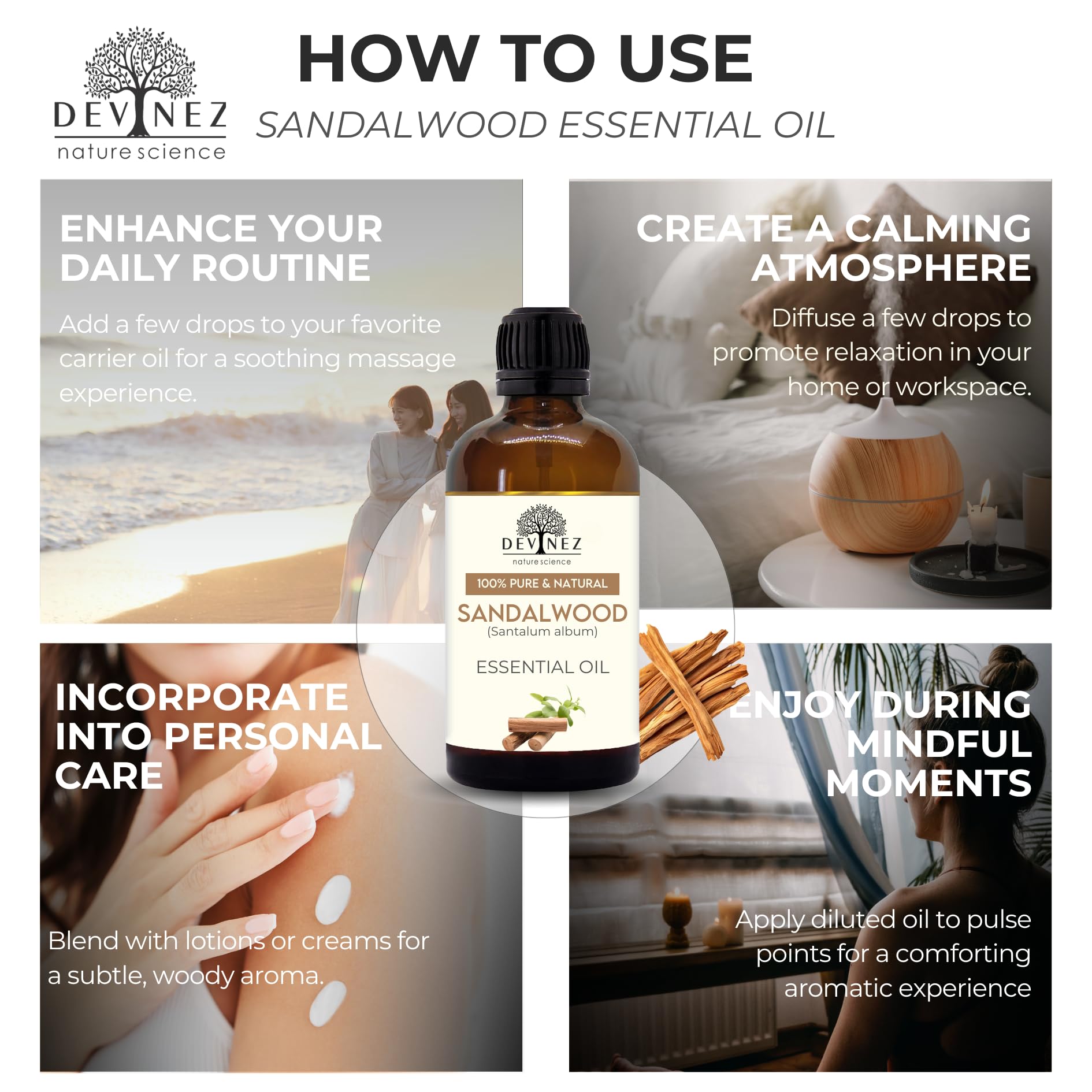 Devinez Sandalwood Essential Oil - 118ml in Glass Bottle | Pure & Natural Chandand Tel For Body Care & Aromatherapy | Undiluted Woody Aroma for Relaxation, Stress & Personal Care | For Skincare 1