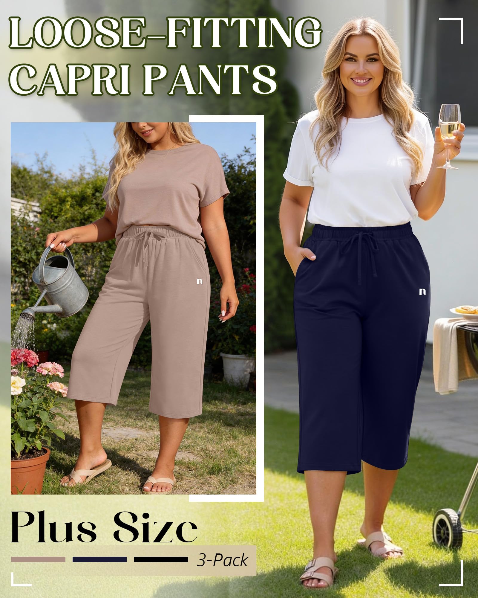 Neer Confezione da 3 Pantaloni Capri da Donna Taglie Forti, Gamba Larga, Modello Casual con Coulisse e Tasche