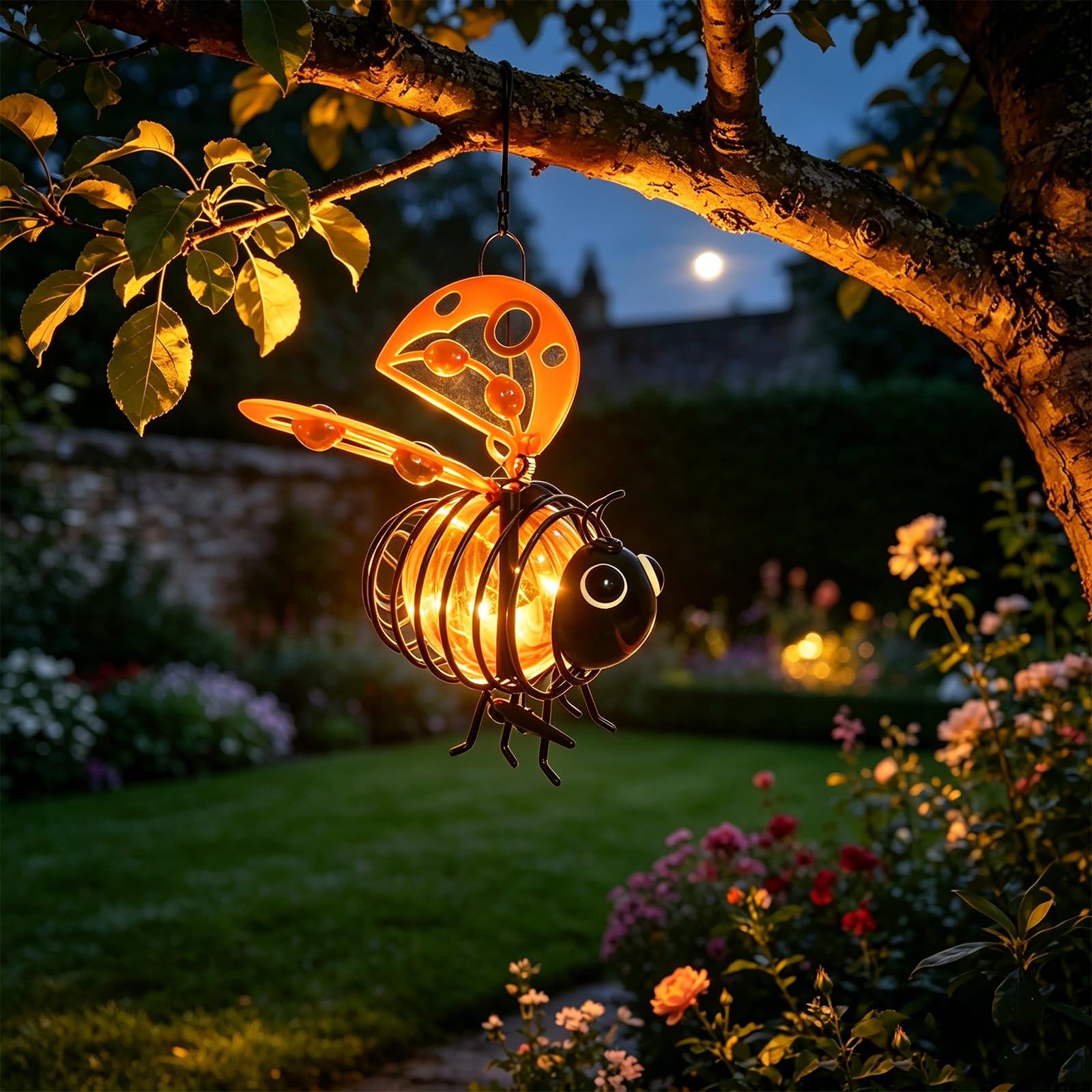 Solar Powered Hanging Bee Garden Light Outdoor, Metal Waterproof Garden Lantern, Auto-On Led Fairy Decor for Patio Yard Pathway (Orange)