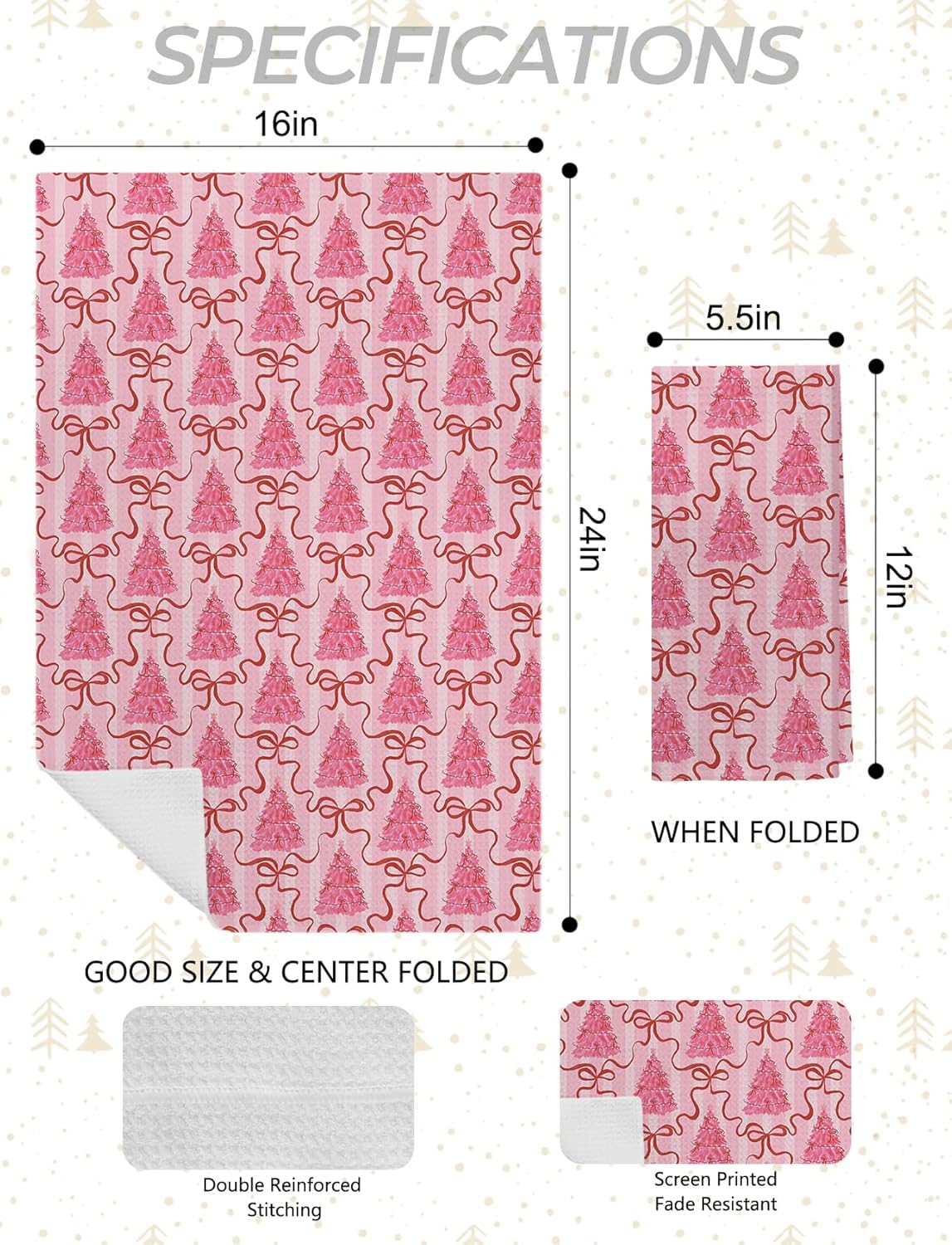 Pink Merry Christmas Tree Kitchen Towels, Coquette Christmas Tree Hand Towels for Bathroom, Preppy Pink Xmas Striped Holiday Dish Tea Towel for Kitchen Decor, 16x24 Inch Set of 2 - Image 2