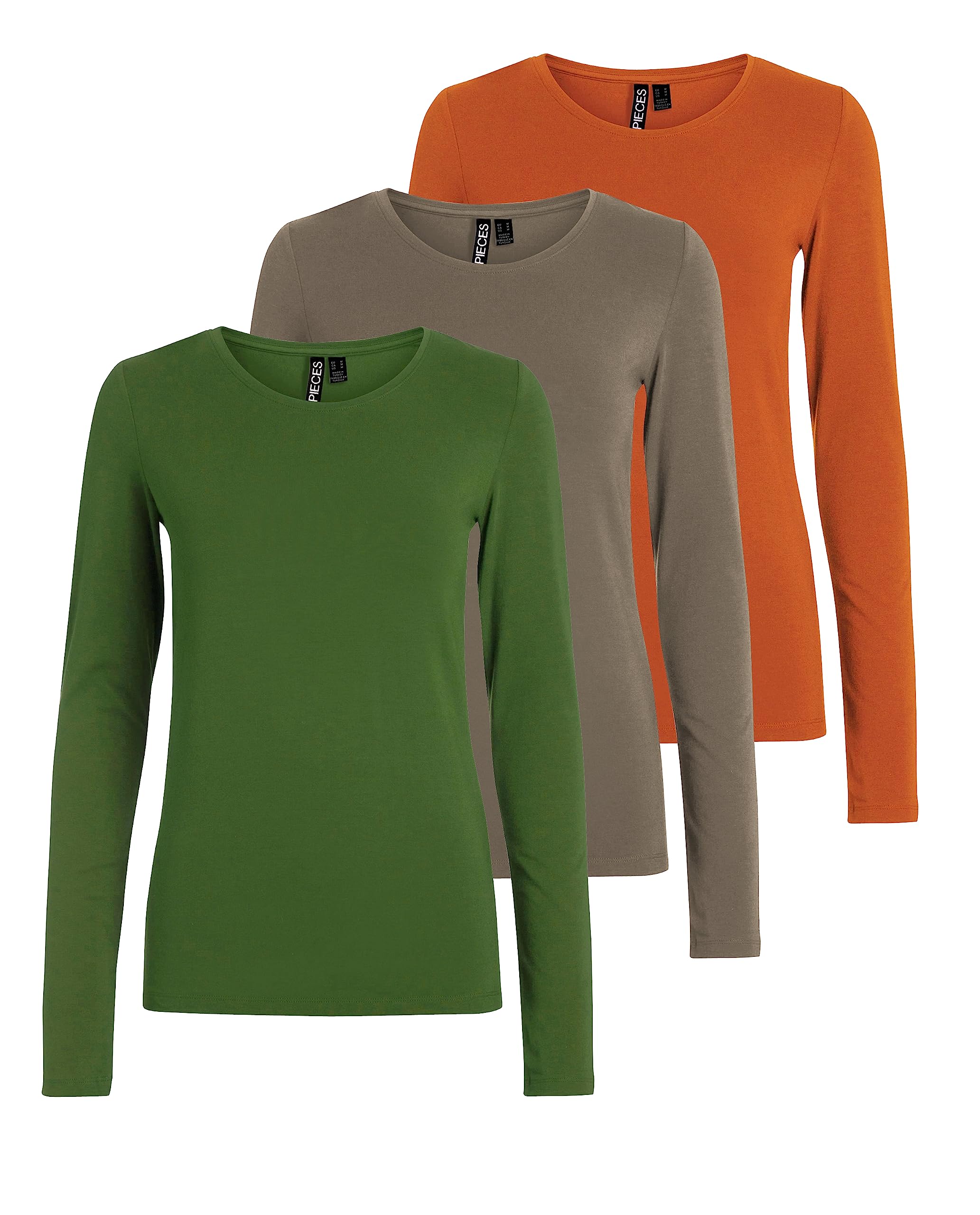 PIECES Damen PCSIRENE LS Tee 3-Pack NOOS CP, Burnt Orange/3-PACK ORANGE-KAL, L