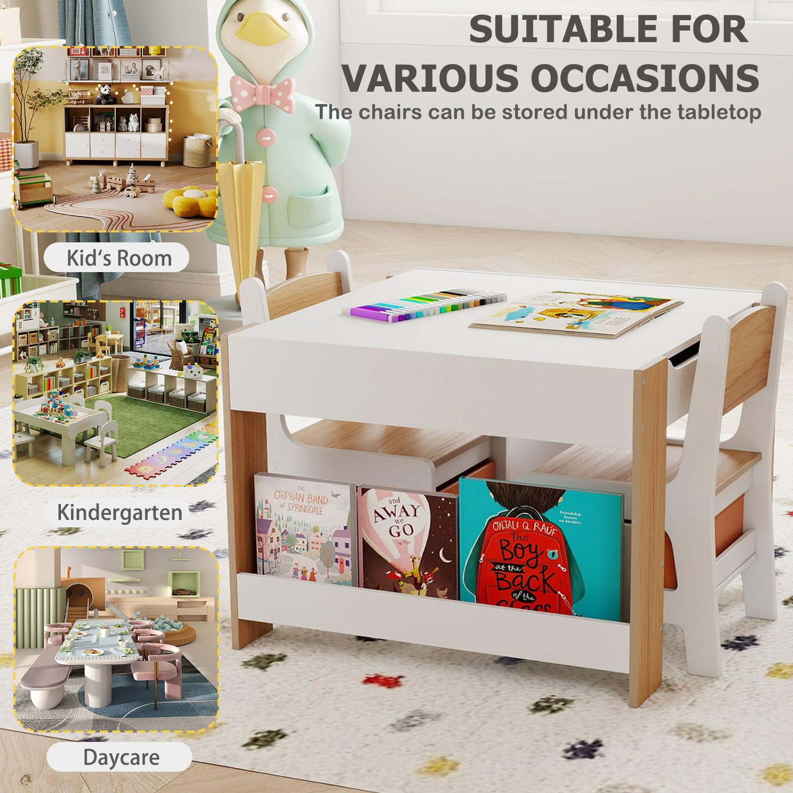 LIFEZEAL Kindertisch mit 2 Stühlen, 3 in 1 Aktivitätstisch Tafeltisch Maltisch mit wendbaren Tischplatten & Bücherregalen, 3 TLG Kindersitzgruppe Kinder zum Zeichnen, Lesen und Spielen (Natur)