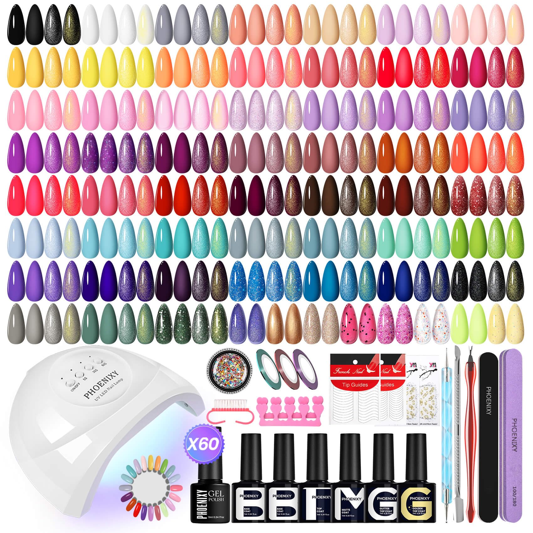Phoenixy Kit Ongle Gel U V Complet, 60 Couleurs Kit Vernis Semi Permanent avec 48W Lampe à Ongles U V/LED Base et Top Coat Kit de Manucure Cadeaux pour Femmes