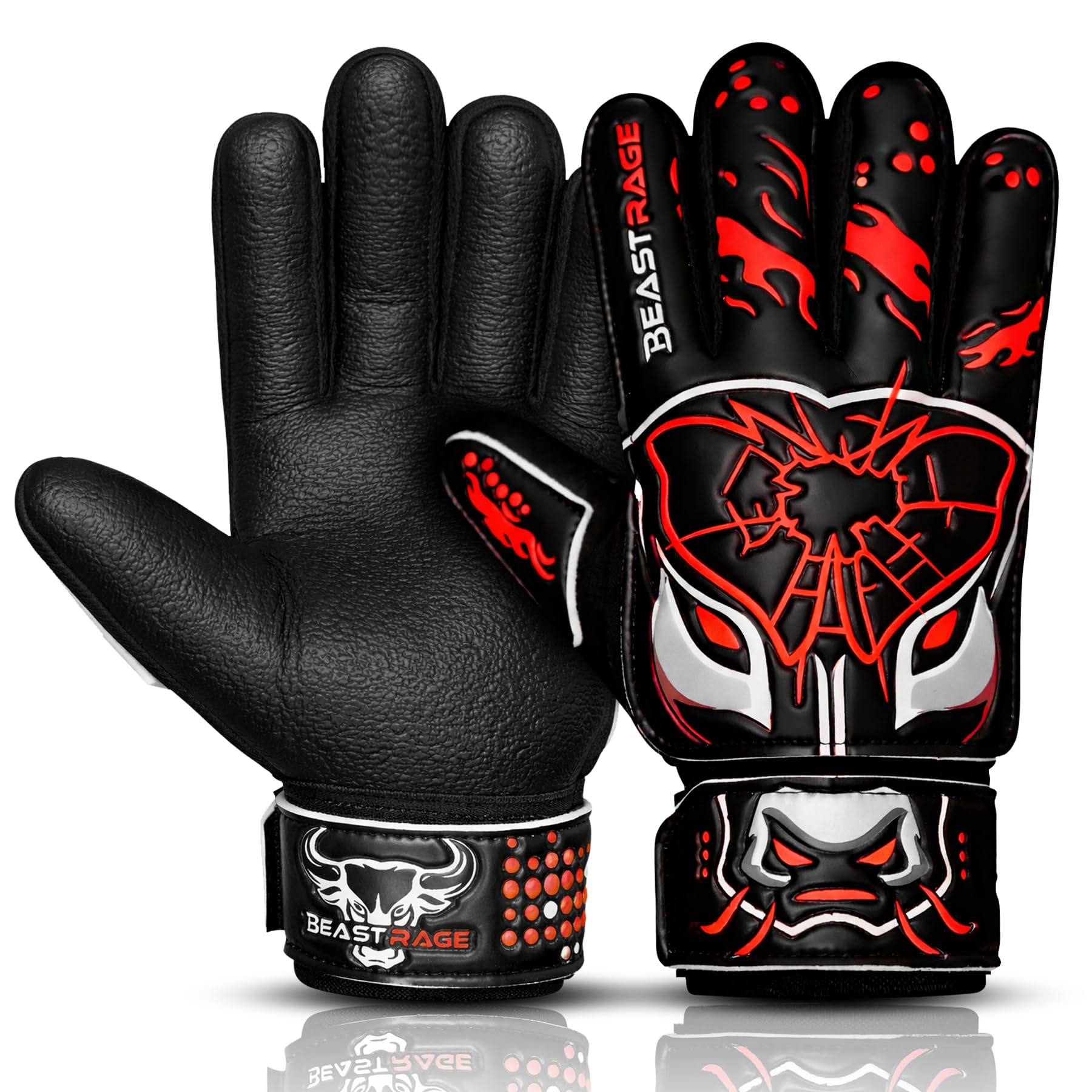 BEAST RAGE Kids Goalkeeper Gloves–Premium Anti-Slip Super Grip 3MM+4MM Laminated Palm,Lightweight Backhand 3+4MM,Adjustable Wrist Strap,Soccer Goalie Gloves for Kids,Youth and Adults (Red, 7)