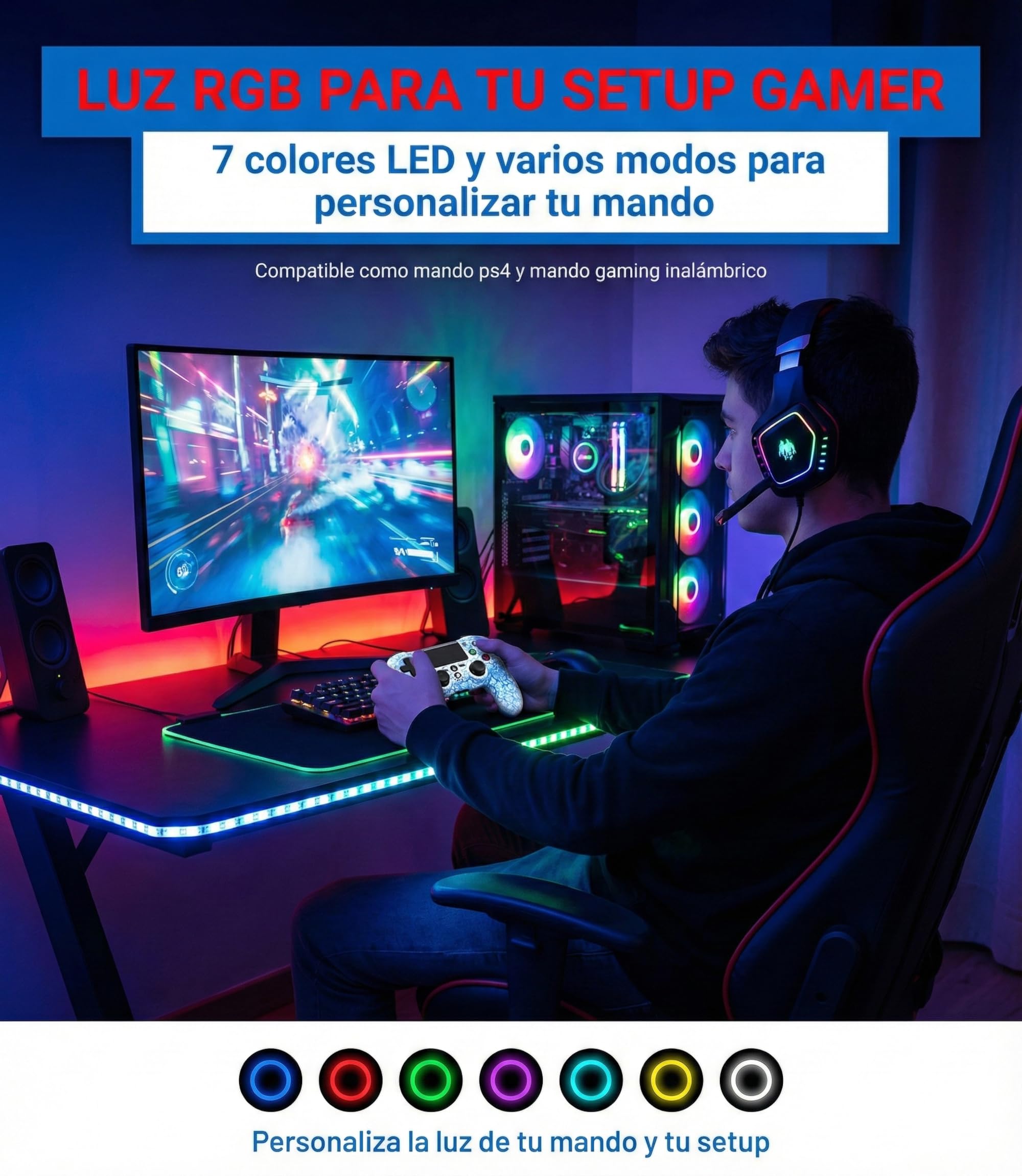 Mando Inalambrico PS4 Gaming Blanco LED RGB 7 Colores Compatible Con PS4 Y PC Windows Android Y iOS Vibracion Dual Joysticks Precisos Touch Pad Bateria 1000mAh Diseño Ergonomico Bluetooth Gamepad Plus