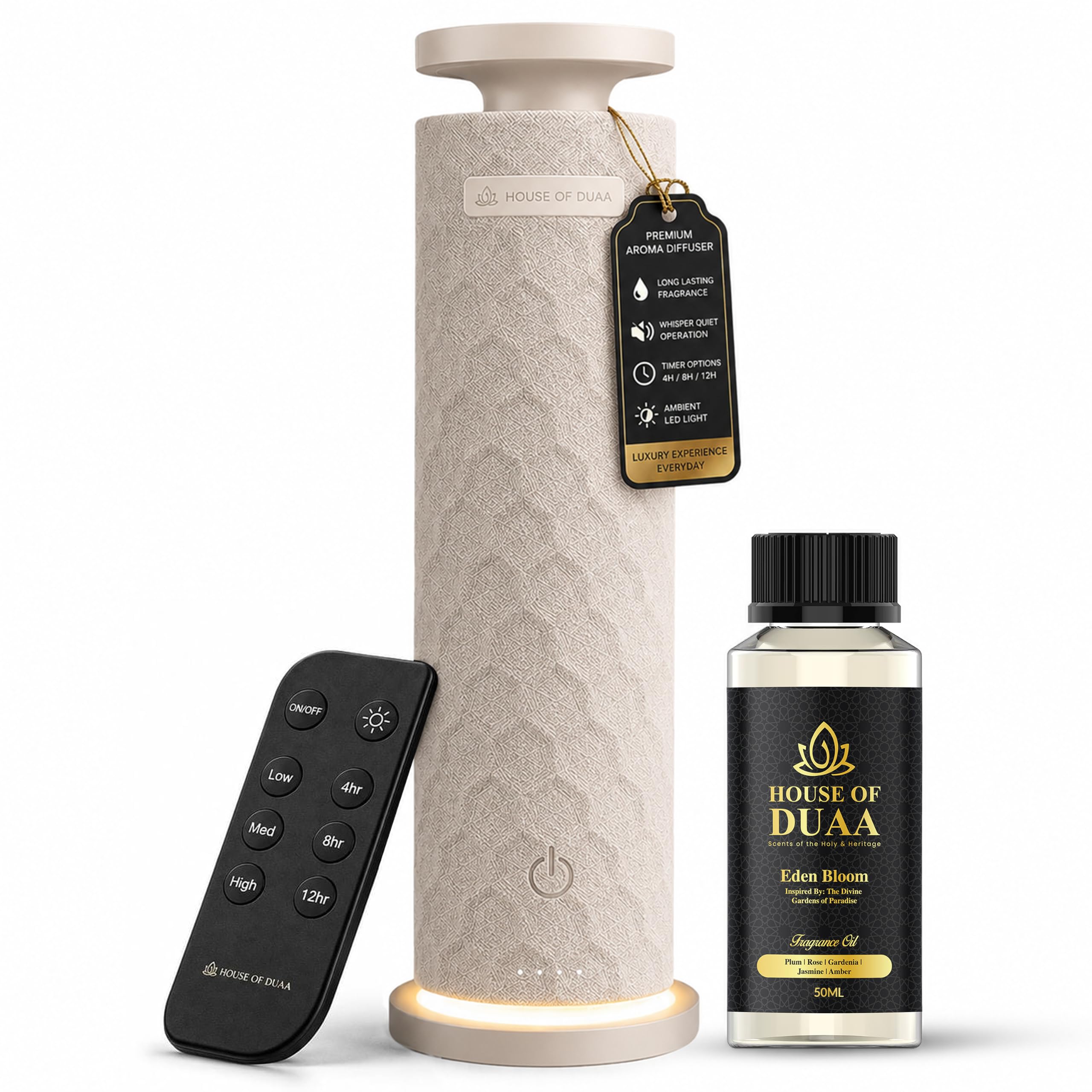 Vera Comfort Tower Waterless Oil Diffuser with Cycle Memory | Cream Finish | Remote Controlled Aroma Diffuser with Ambient Light for Home, Hotel & Office| 1500 sq. ft. | Includes Fragrance Oil Bottle