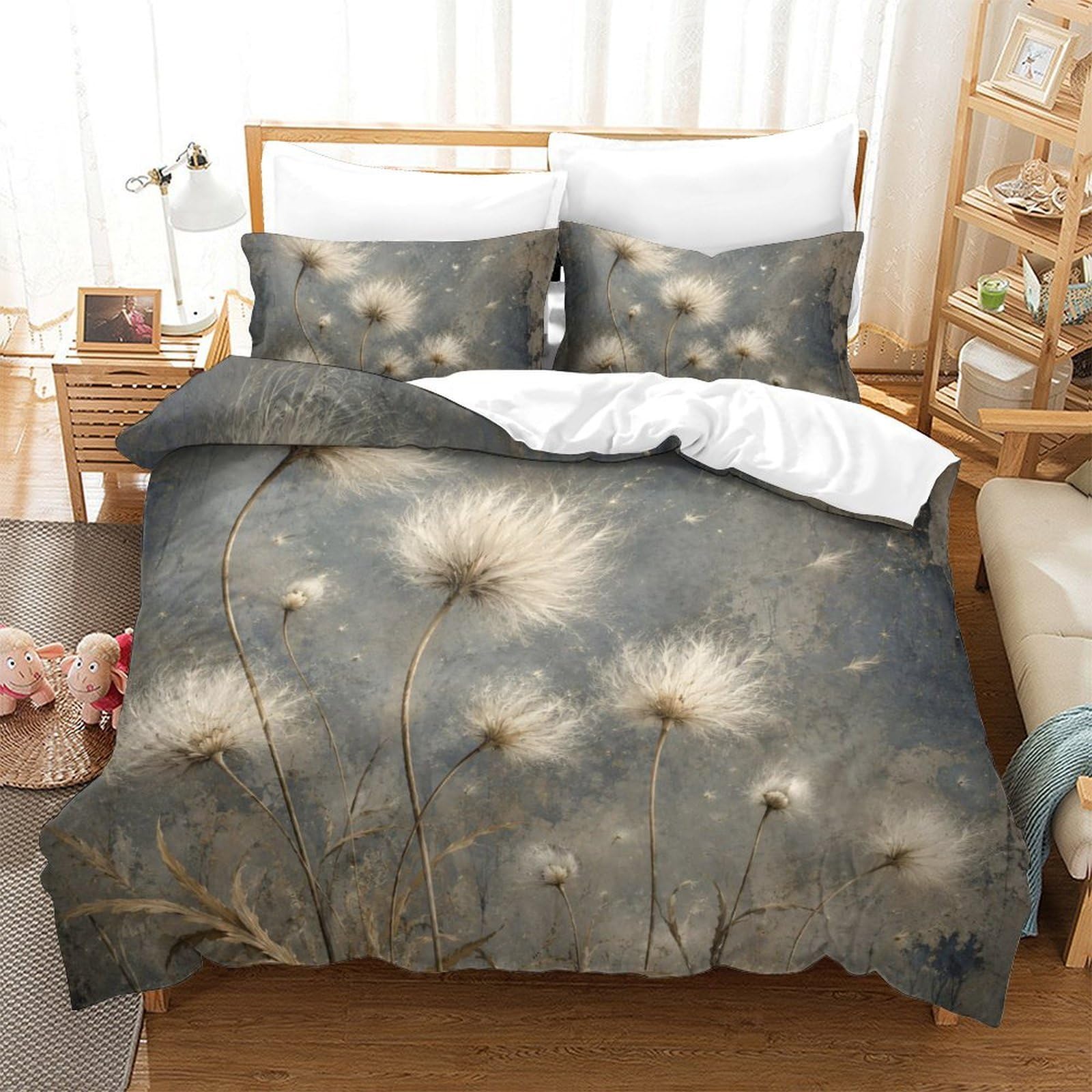 Semi tarassaco neutri Copripiumino Set 3 Pezzi 3D, Fiori da giardino | Botanico pastel Motivo, Pianta naturale Motivo, Biancheria da Letto, Letto, Set 3 Pezzi, Camera Ospiti, 200x200cm.