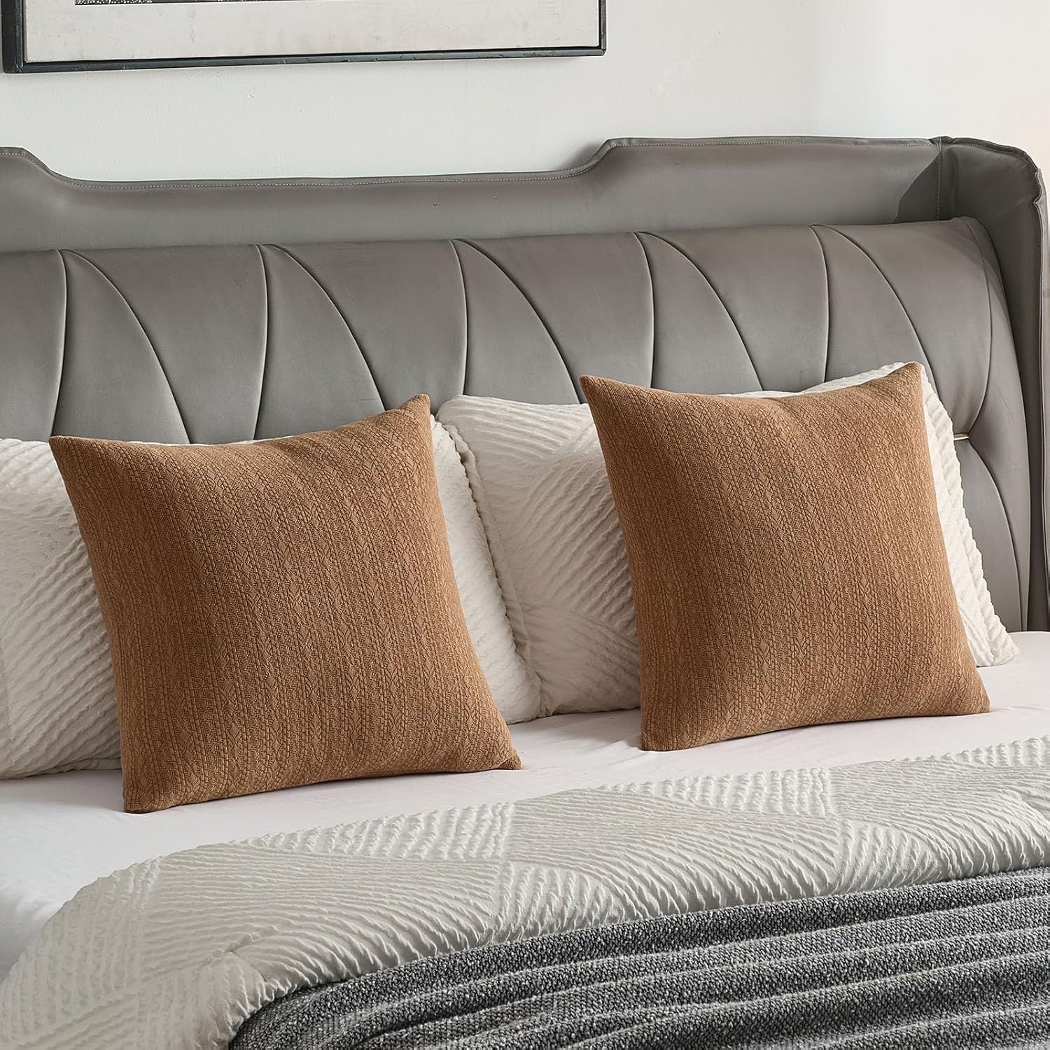 FUTEI Tobacco Chenille Throw Pillow Covers 18x18 Inch Set of 2,Soft Striped & Diamond Textured Cushion Cases,Modern Home Decor for Couch Living Room - Image 6