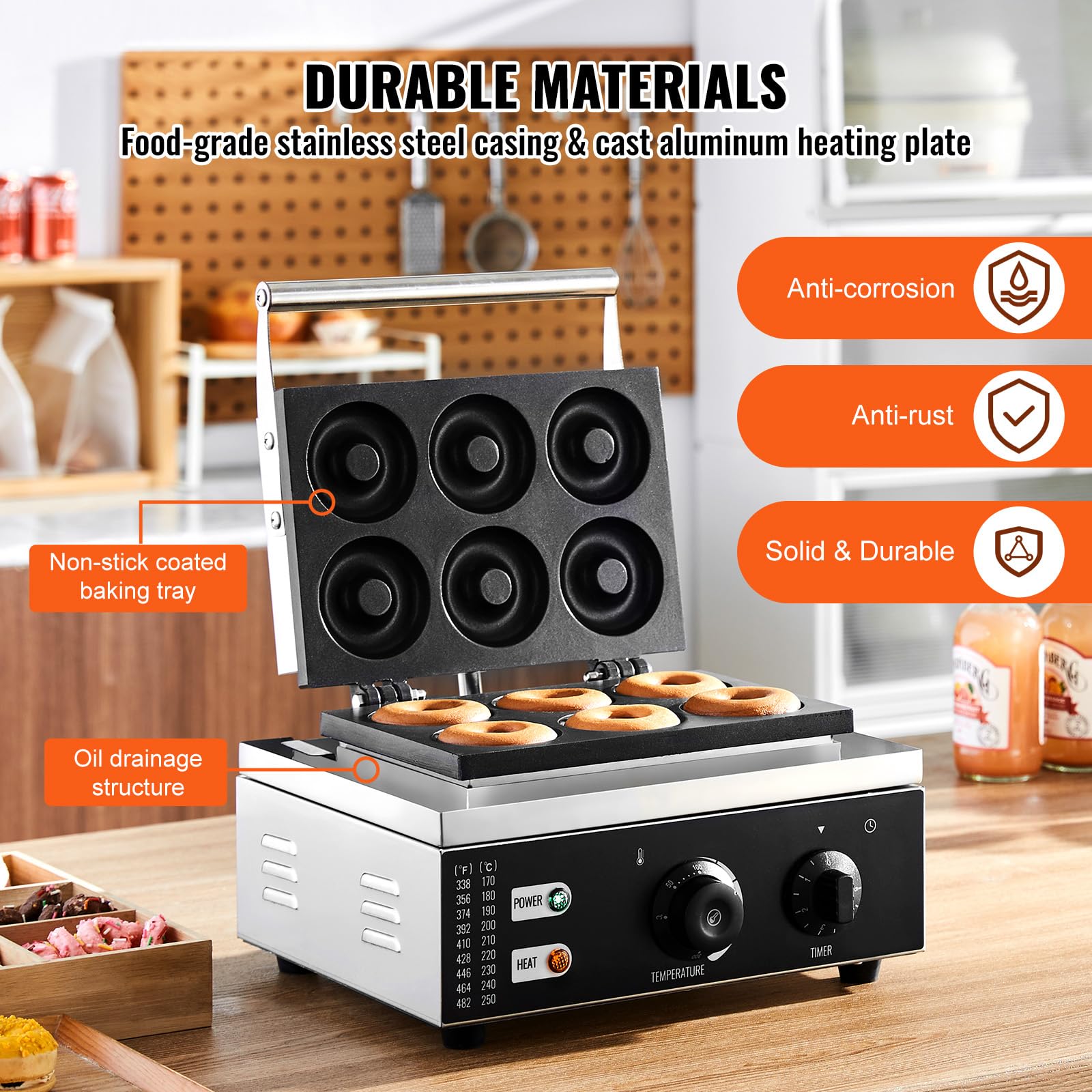 Happybuy Electric Donut Maker, 1550W Commercial Doughnut Machine, Non-stick, 6 Holes, Double-Sided Heating, Waffle Maker, 122-572? Temperature, for Restaurant & Home Use