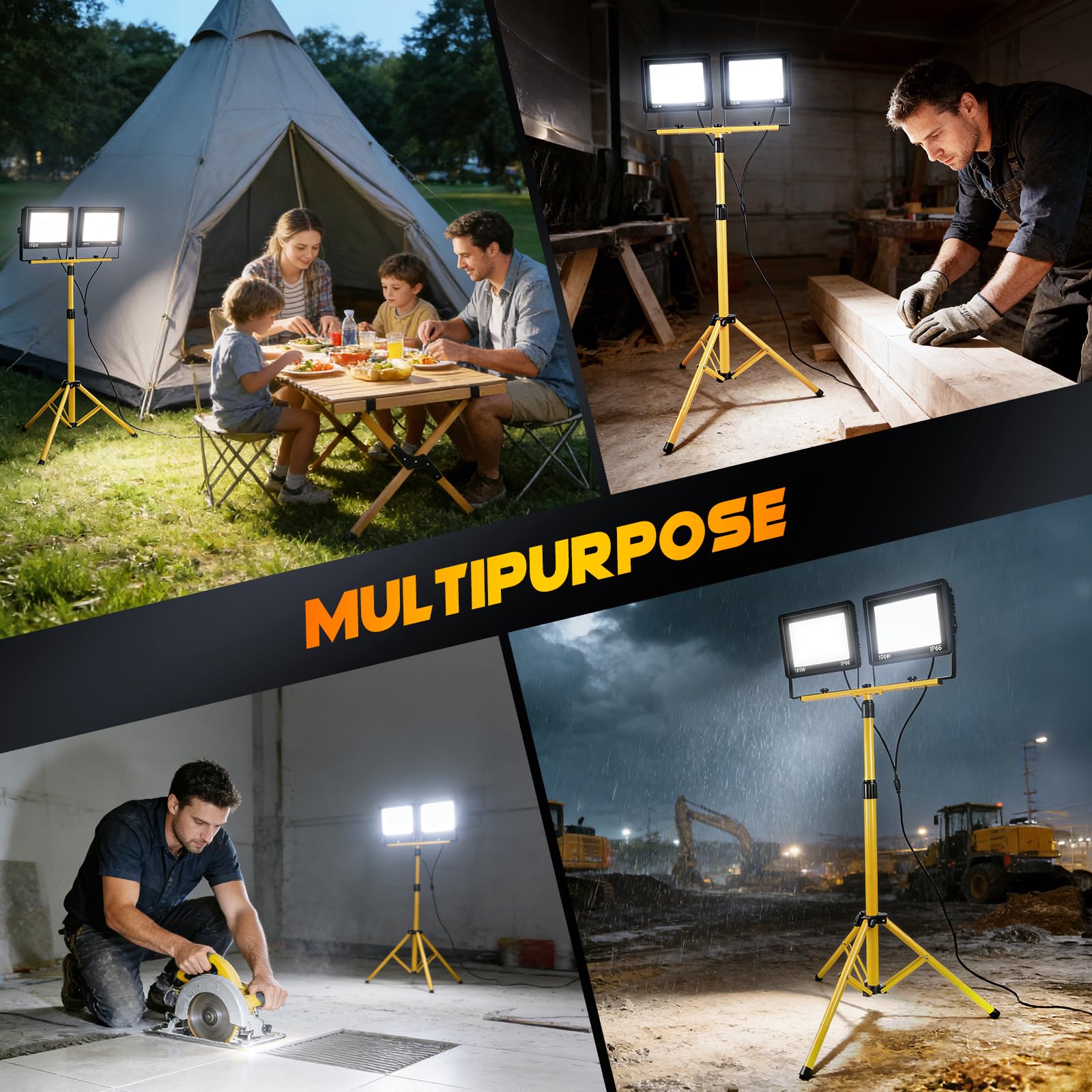 Baustrahler LED mit Stativ, 2x100W 21000LM Baustellenlampe, 5M Kabel IP66 Wasserdicht 72LEDs 360° Drehbar Bauscheinwerfer, höhenverstellbar Baustellenstrahler, für Garage & Baustelle