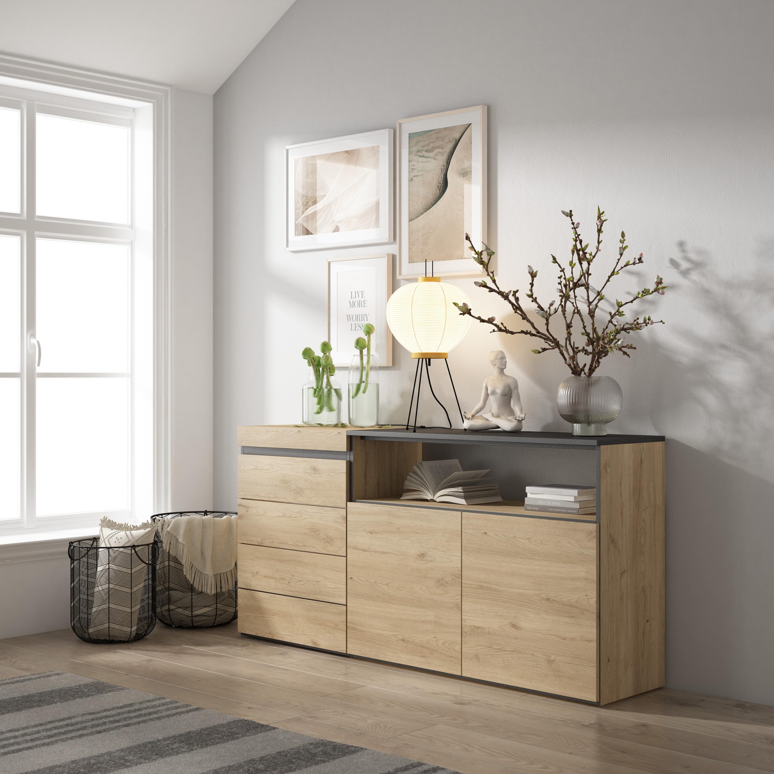Skraut Home | Commode, Buffet, Armoire | Meuble de Rangement | 157x75x35 cm | Chambre à Coucher, pièce | Armoire à Tiroirs | Style Moderne | Chêne