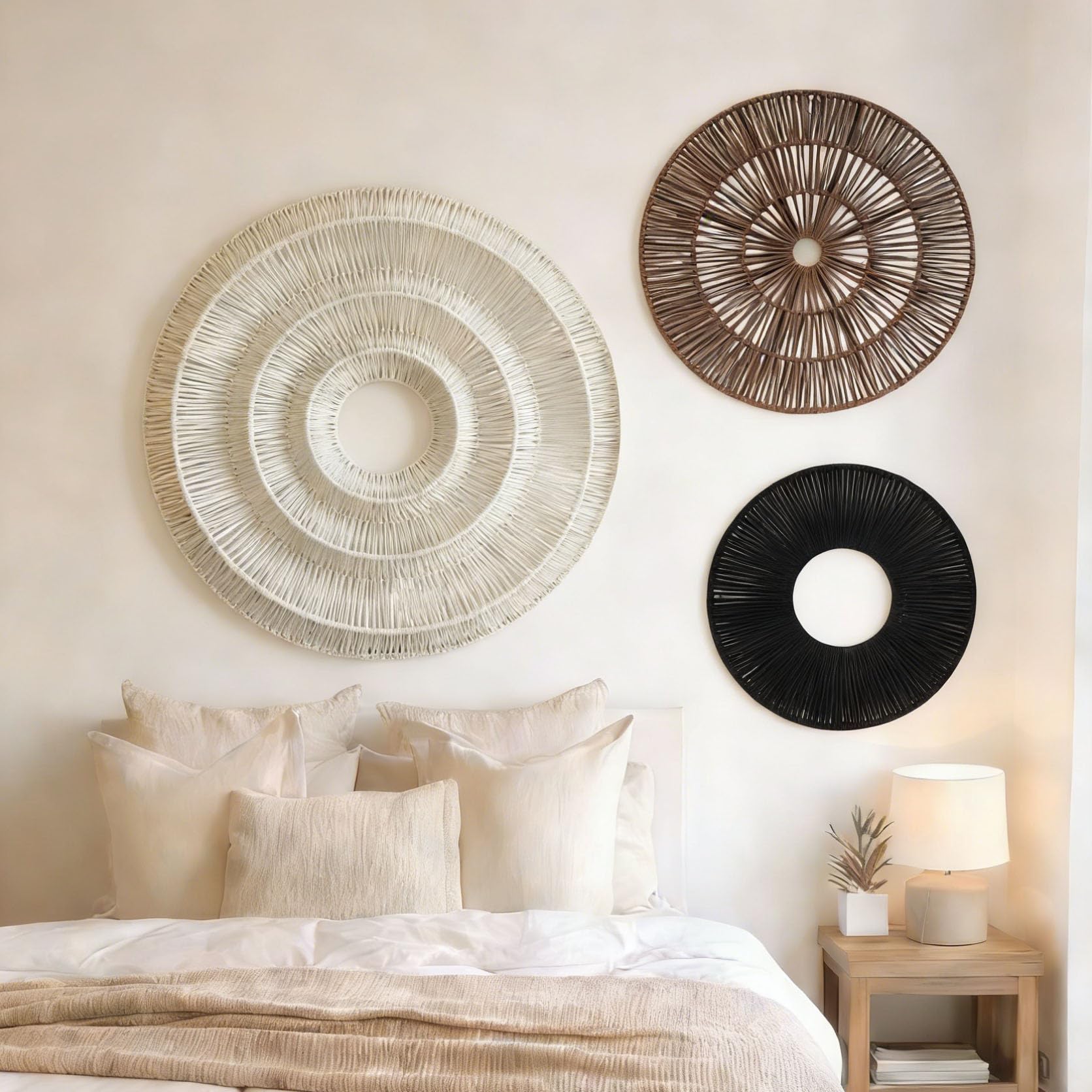 Bergamot 3D 25“,17.7",13.7" Extra Large Cotton Rope Woven Wall Hanging Décor, Set of 3 Round Boho Wall Baskets. Oversized Wall Art for Living Room,