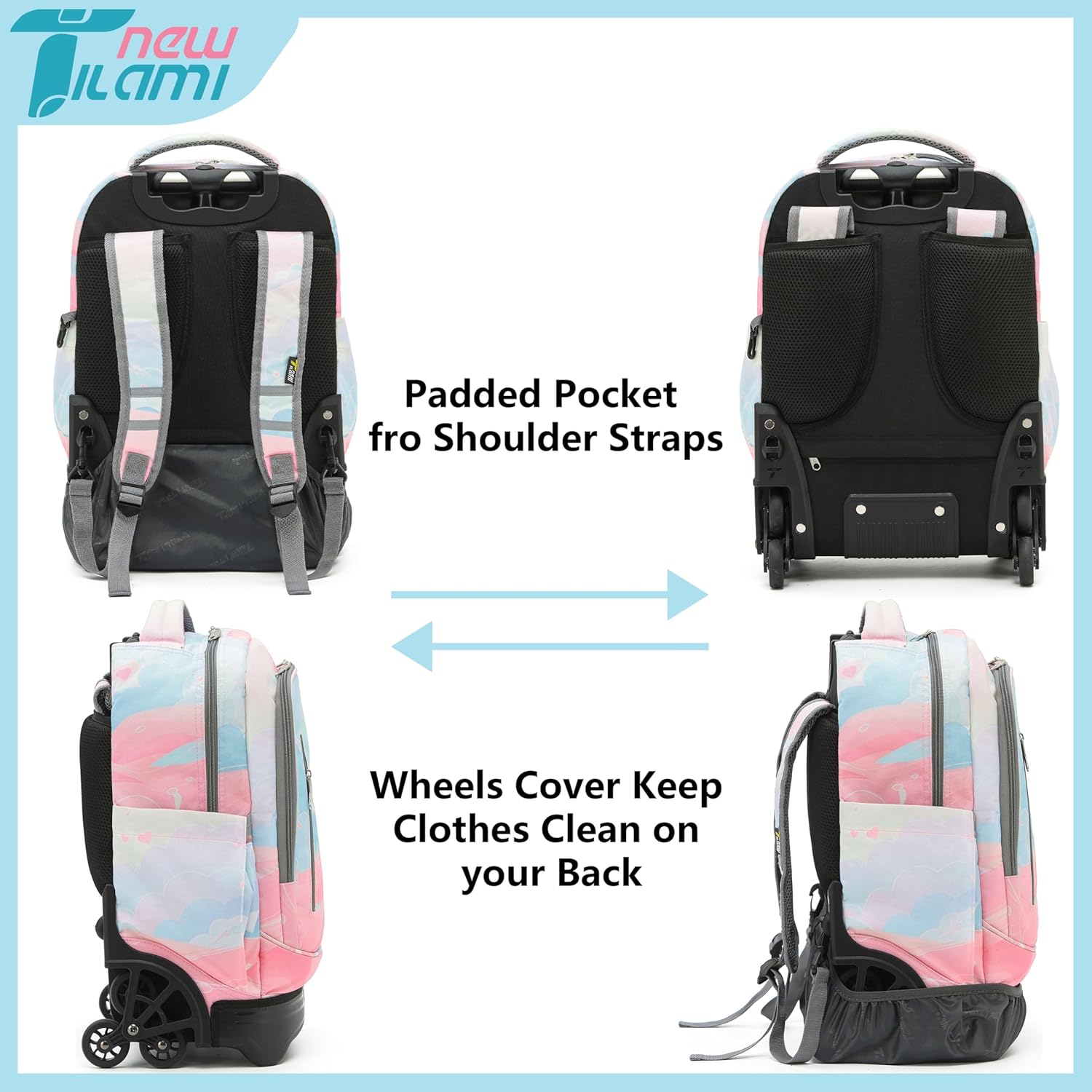 NEW TILAMI 18 inch Rolling Backpack for Girls – Waterproof, Large Capacity, Stair-Climbing Design, Adjustable Handle, Great for School, Pink Sunset - Image 5