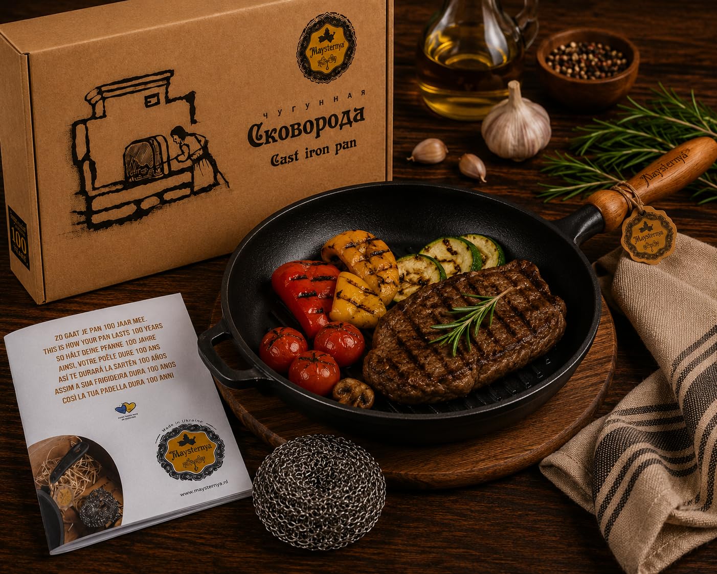 Sartén Grill de Hierro Fundido con Mango de Madera – Ø 24 x 4 cm – Compatible con Inducción – Sartén Universal para Parrilla y Fuego Abierto – Hierro Fundido Robusto – Sin PFAS – Negro