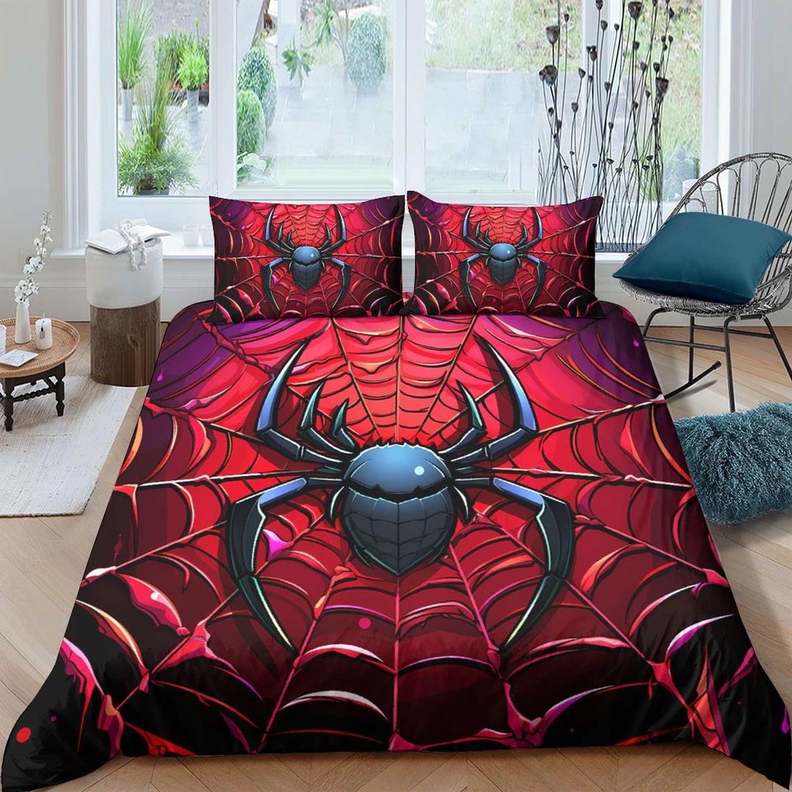GPLZQXKJNH 3D Printed Red Spider Web Duvet Cover Microfiber Bedding Set Black Spider Quilt Cover with 2 Pillowcases for Bedroom Decor Single（135x200cm）