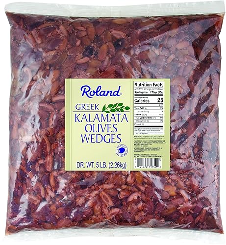 Roland Foods Gajos de oliva Kalamata cortados a la mitad de Grecia, tamaño a granel, 5 libras (paquete de 1)