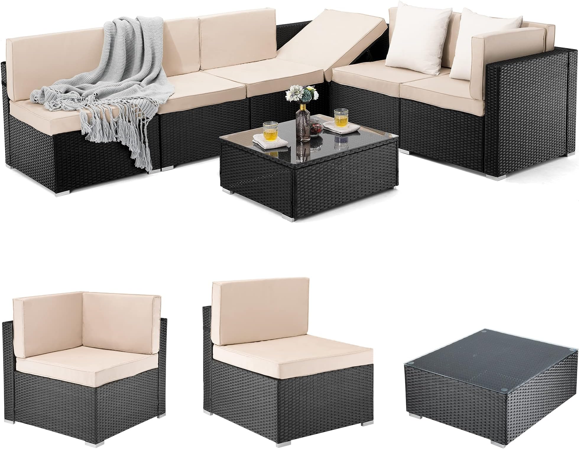 EMKK 7 Outdoor Furniture Pieces All Weather Sectional Sofa