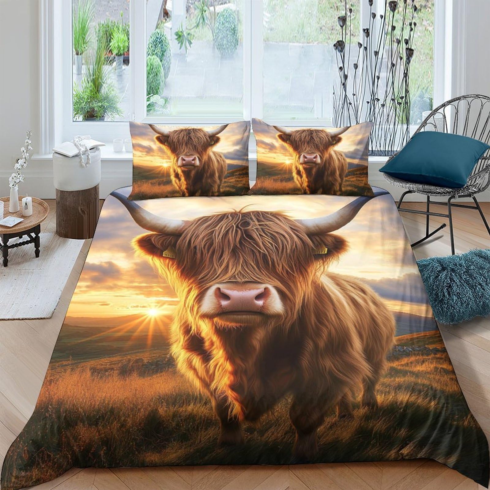Ctjqhvkz Style-10 3D Printed Highland Cattle Fitted Sheet Microfiber Soft Sunset Landscape Bed Cover For Bedroom Dorm Mattress Protection Decor Single（135X200cm）